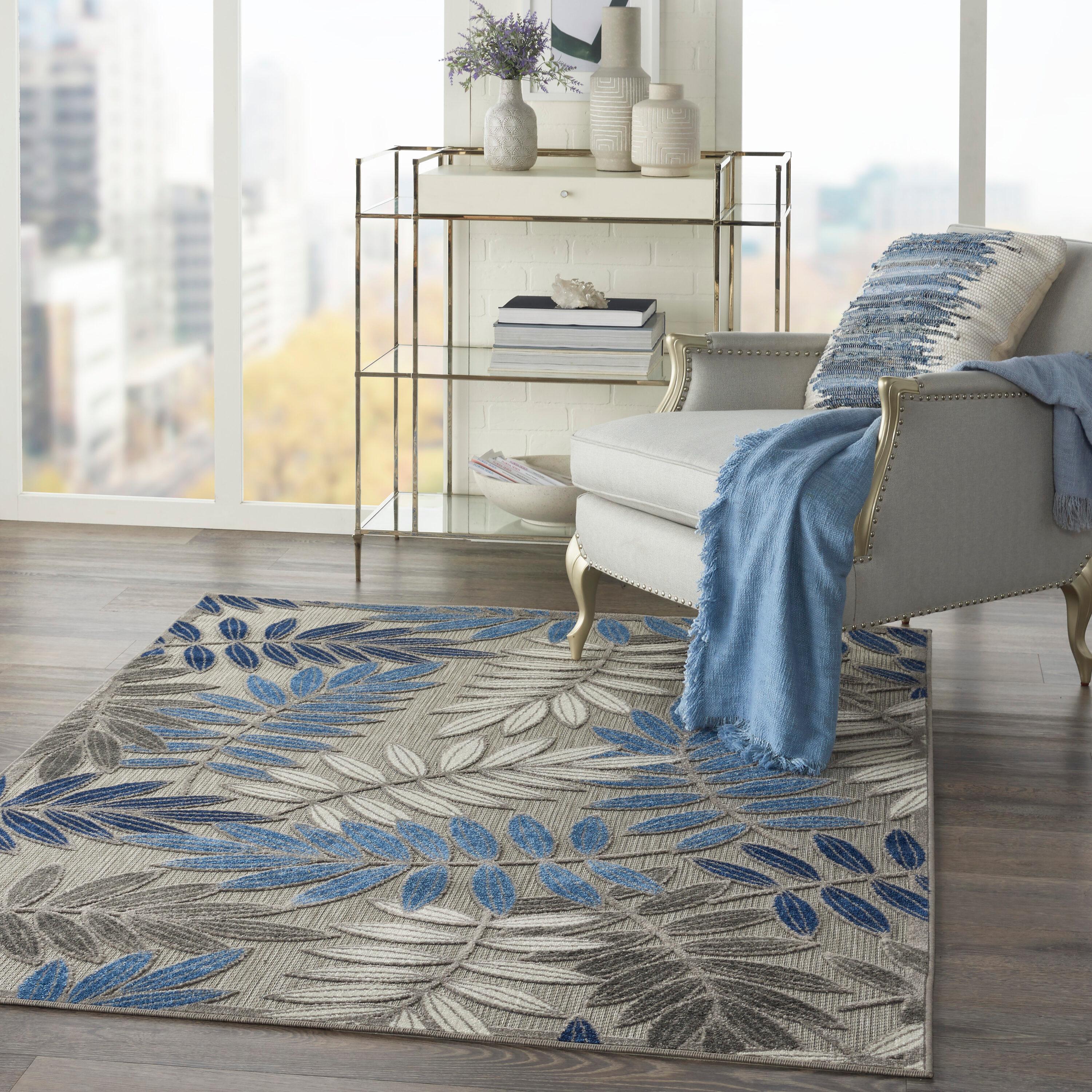 Nourison Aloha Floral Leaf Flatweave High-Low Indoor Outdoor Area Rug Grey/Blue 3'6" x 5'6"