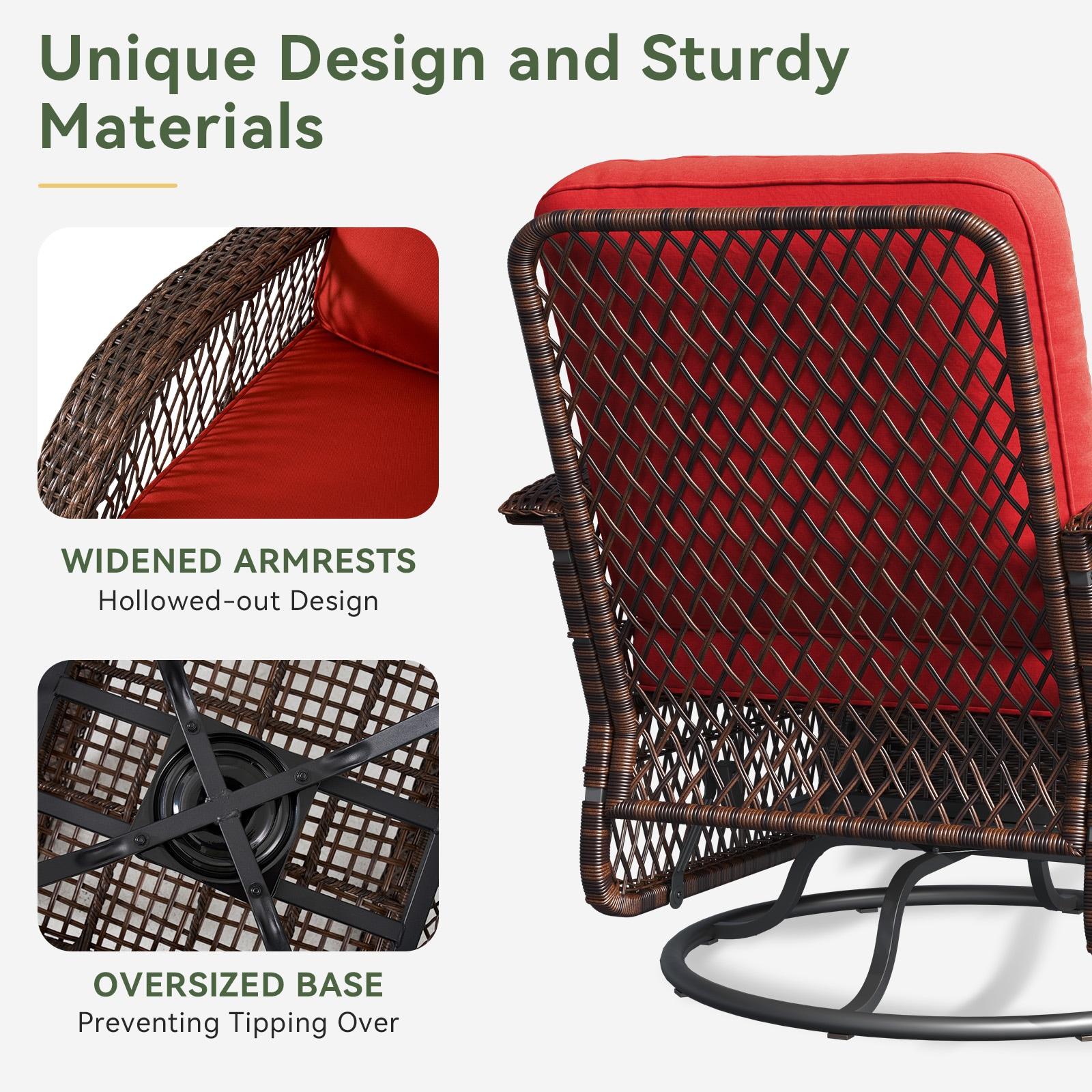 MRUAKA 3 Pieces Patio Furniture Set, Outdoor Swivel Gliders Rocker, Wicker Patio Bistro Set with Rattan Rocking Chair, Glass Top Side Table and Thickened Cushions for Porch Deck Backyard(Red)