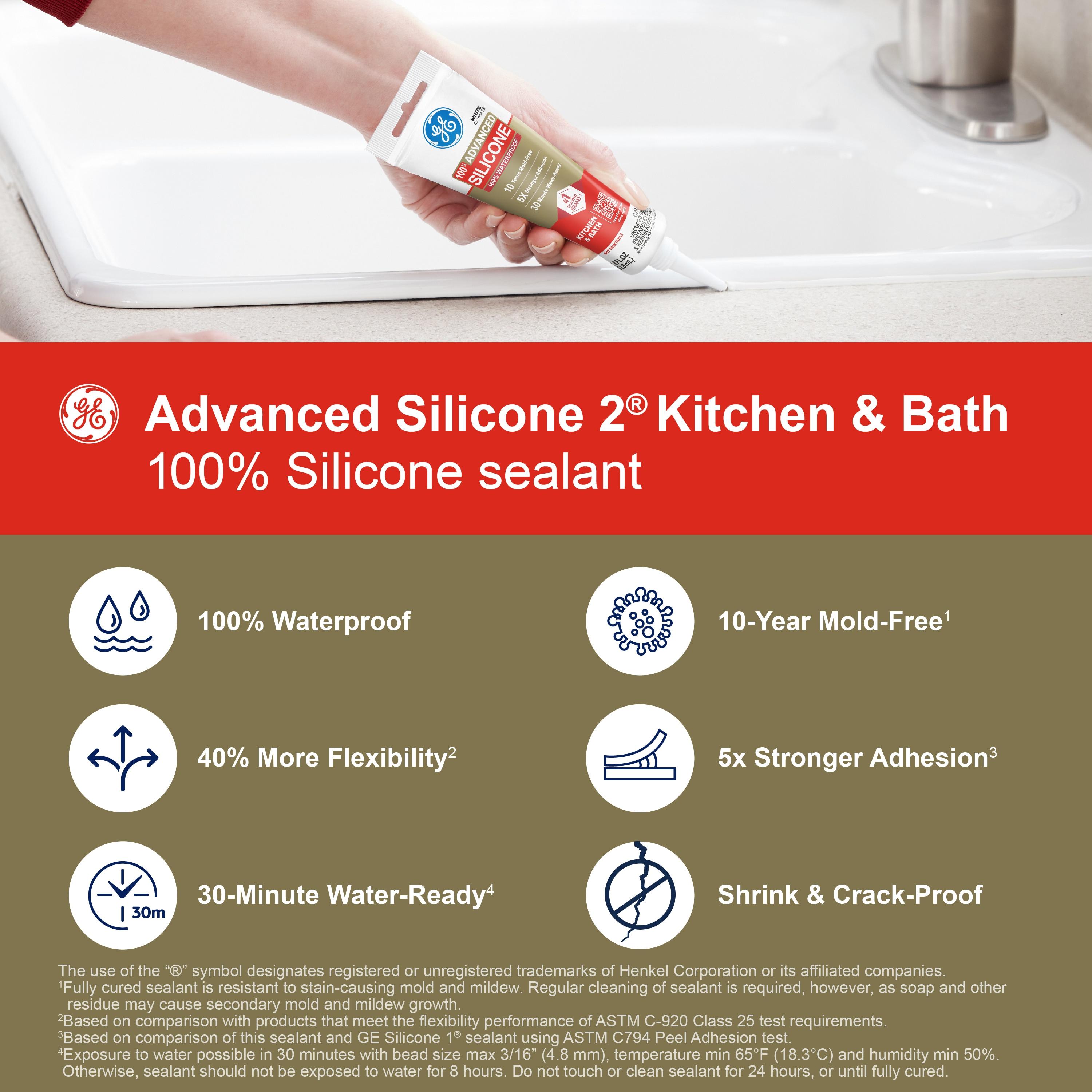 GE Advanced Silicone Kitchen & Bath Sealant, Pack of 1, Clear 2.8 fl oz Tube