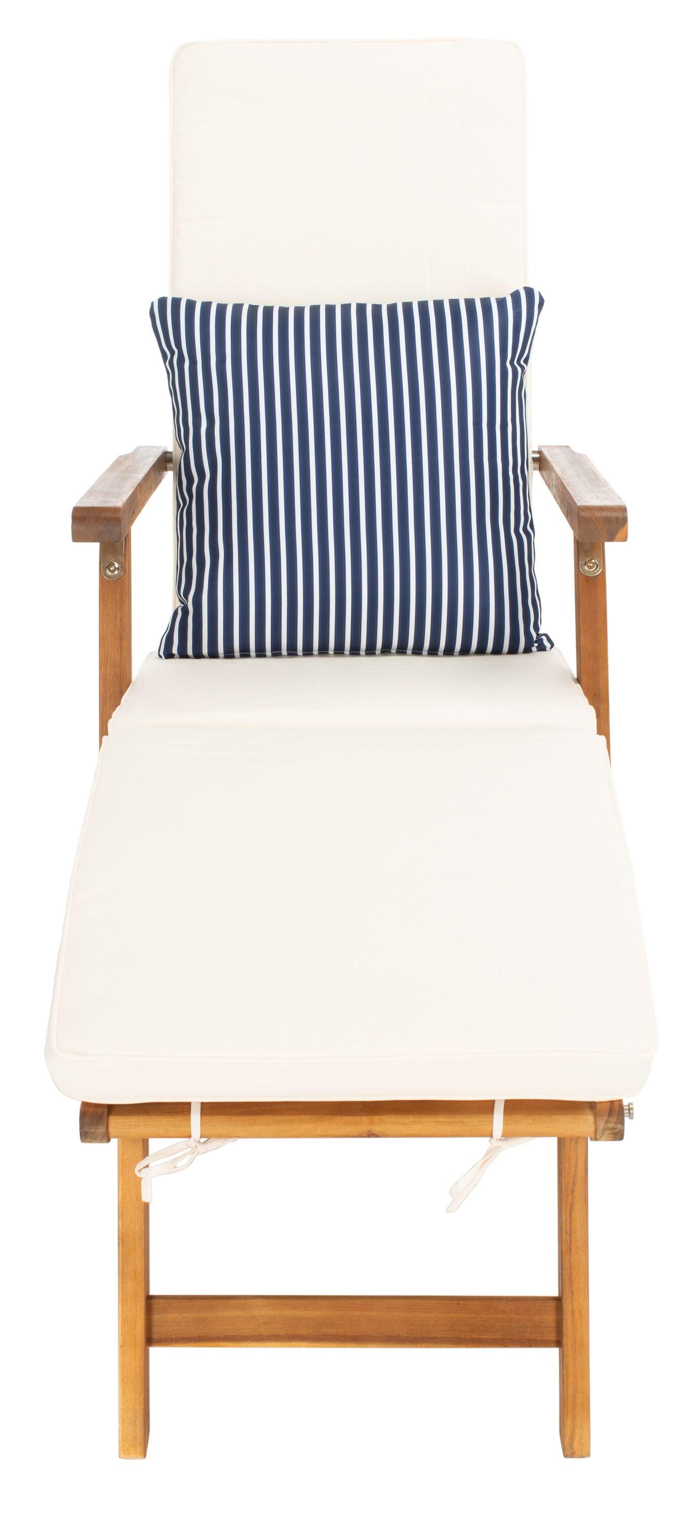 Palmdale Lounge Chair - Outdoor - PAT7015 - Natural/Beige + Blue Stripped Pillow -Safavieh
