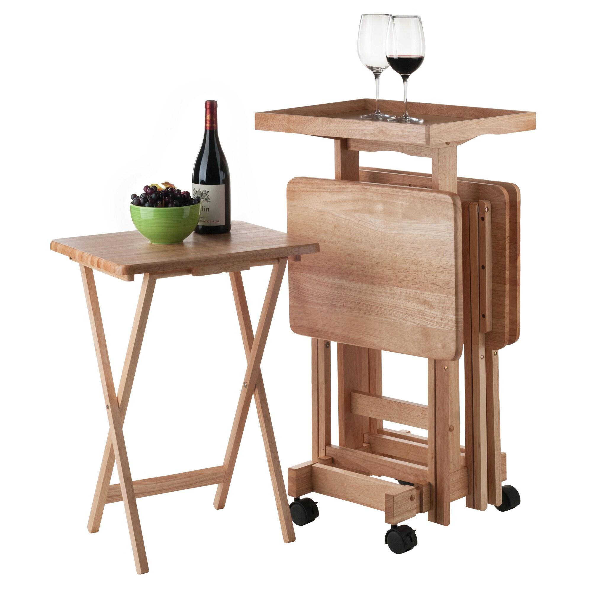 6pc Snack Table Set - Natural - Winsome: Hardwood Construction, Foldable with Wheeled Storage Frame