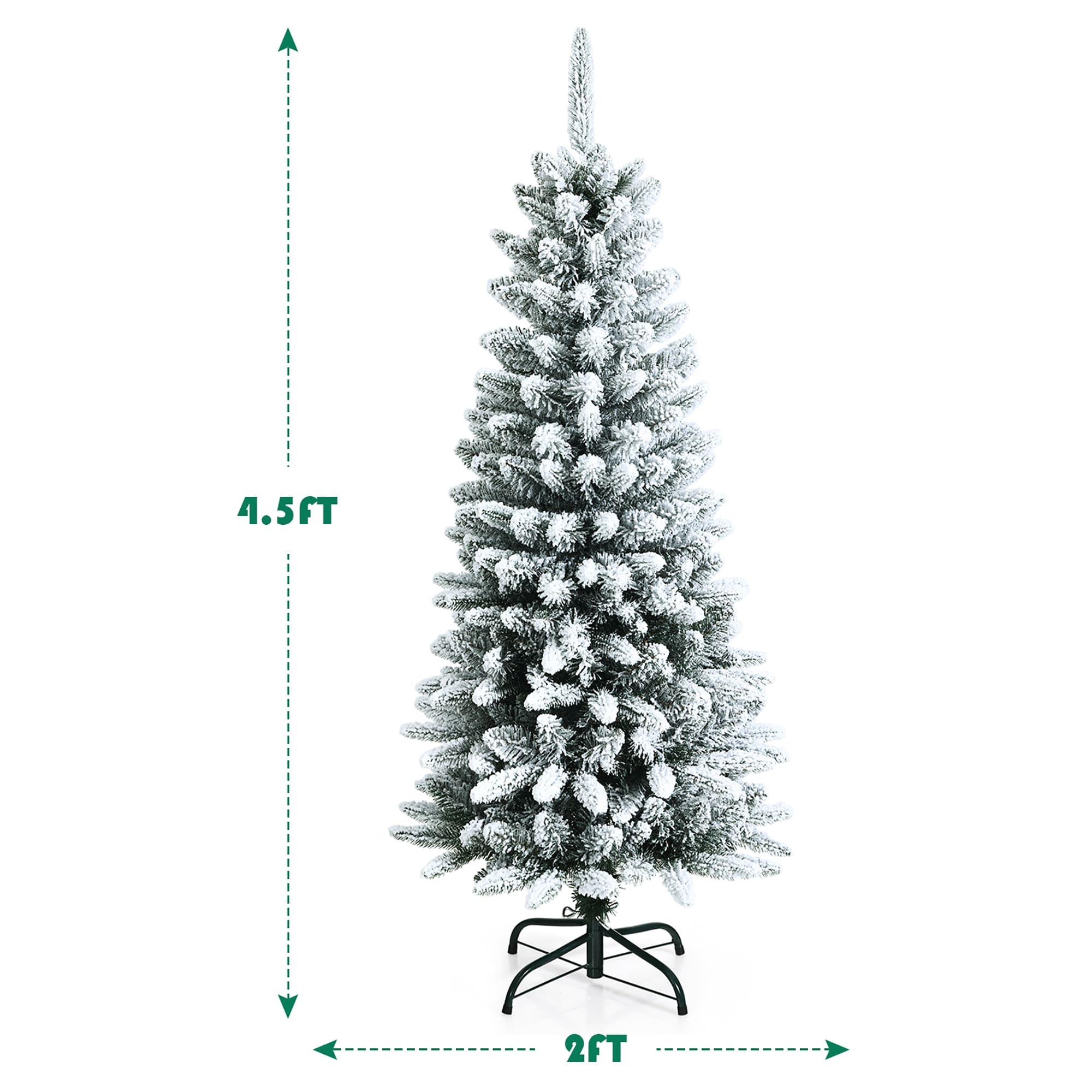 Spaco Snow-Flocked Hinged Artificial Christmas Pencil Tree with Mixed Tips, 4.5 Ft Artificial Christmas Pencil Tree, Artificial Christmas Tree for Indoor and Outdoor as Living Room, Garden, White