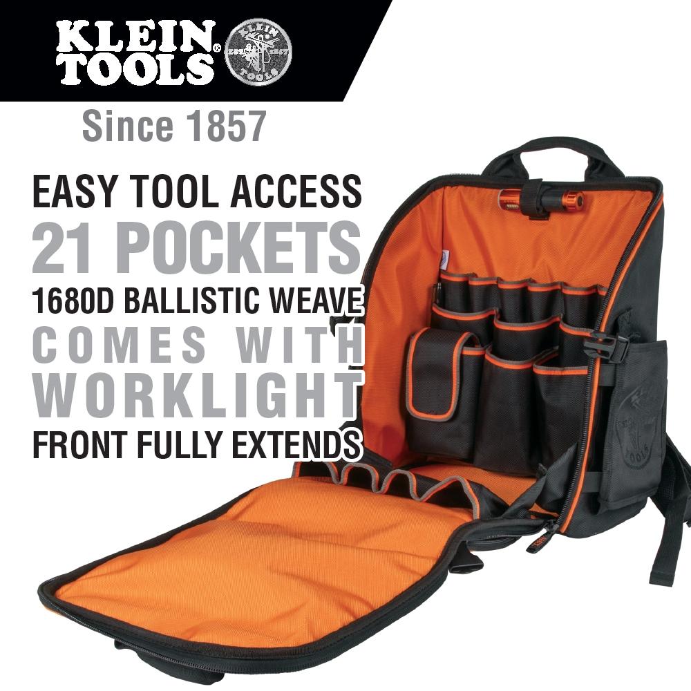 Klein Tools Tradesman Pro Tool Station Tool Bag Backpack with Work Light