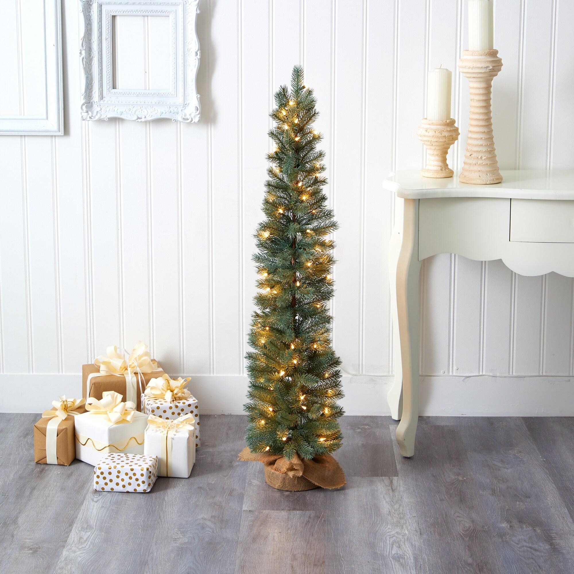 Nearly Natural 4ft. Green Pine Artificial Christmas Tree with 70 Warm White Lights Set in a Burlap Base