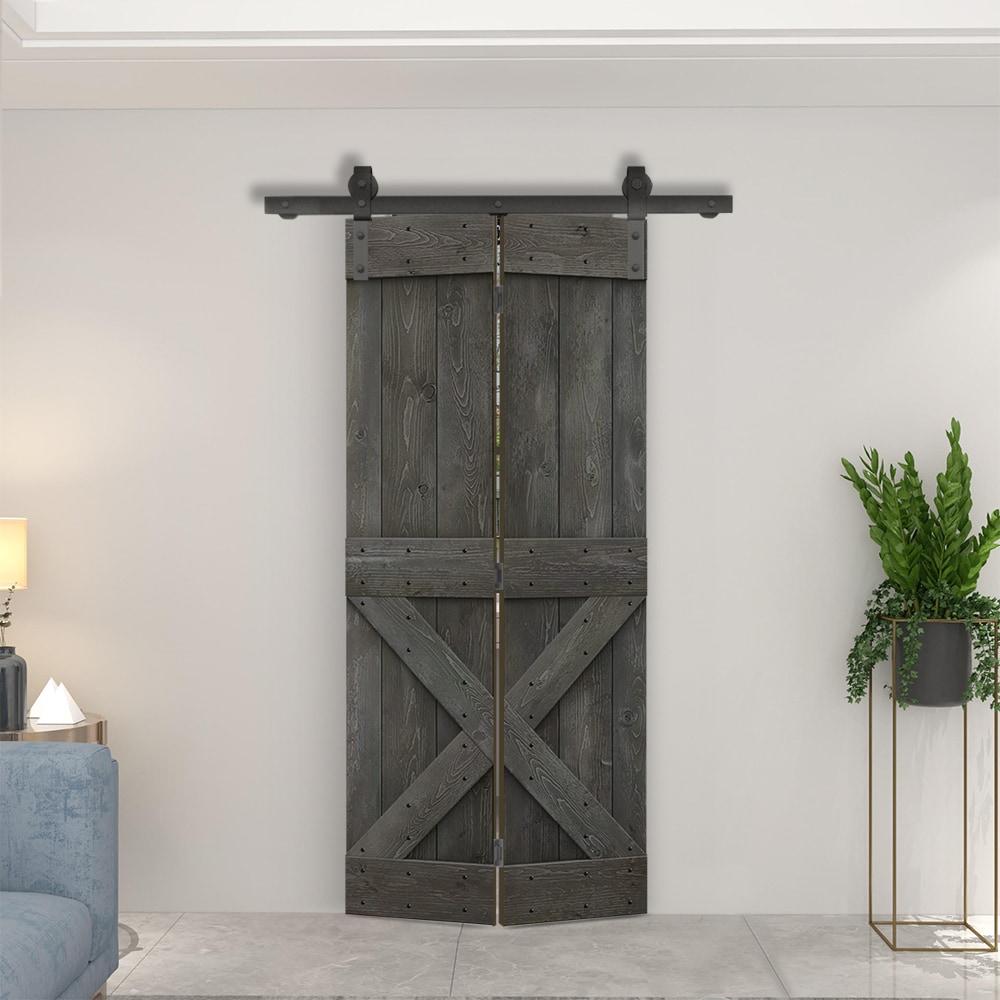 36 in. x 84 in. Mini X Series Carbon Gray Stained DIY Wood Bi-Fold Barn Door with Sliding Hardware Kit