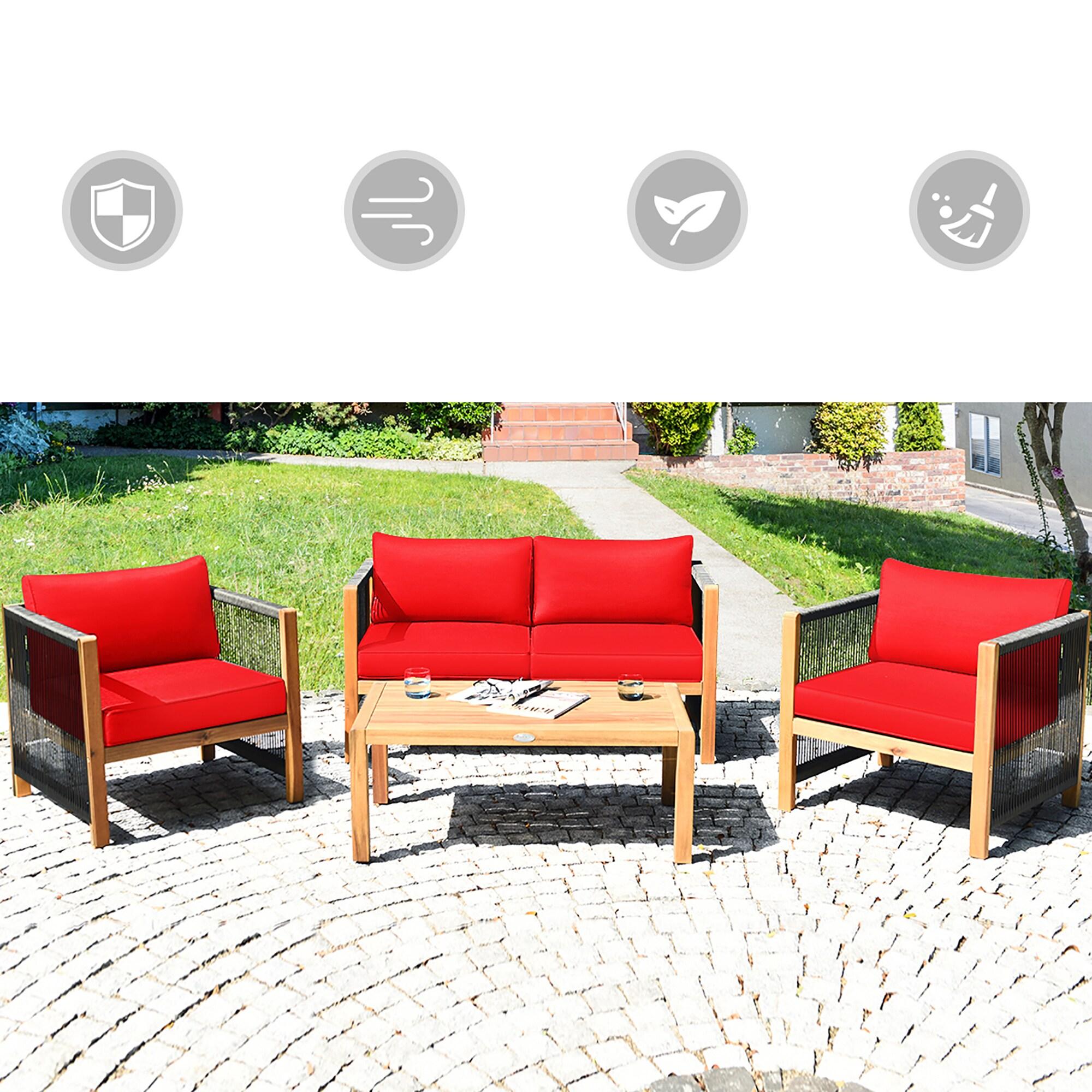 Highland Dunes Menges Outdoor Patio 4 Pieces Acacia Wood Sofa Set with Cushions