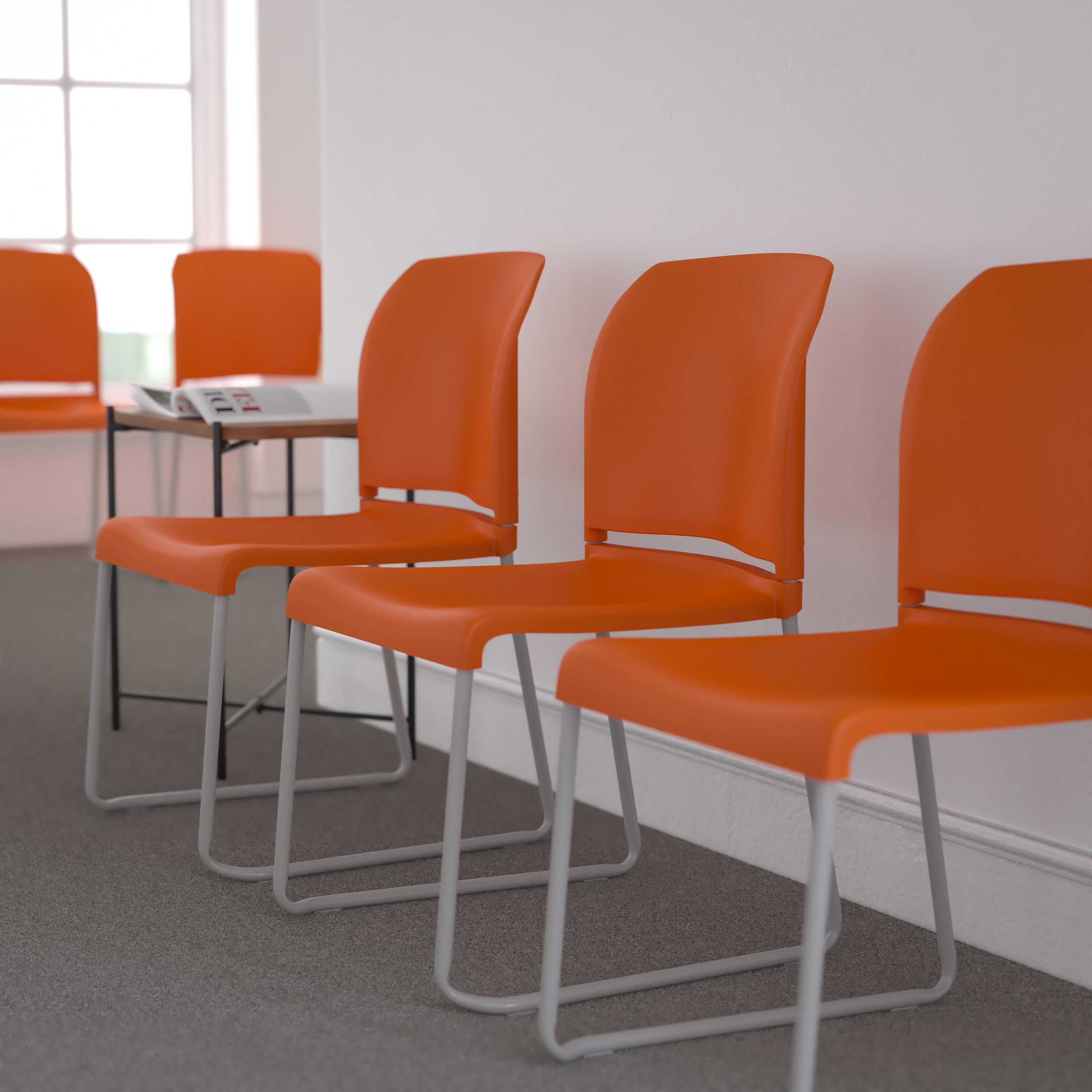 Flash Furniture HERCULES Series 880 lb. Capacity Orange Full Back Contoured Stack Chair with Gray Powder Coated Sled Base