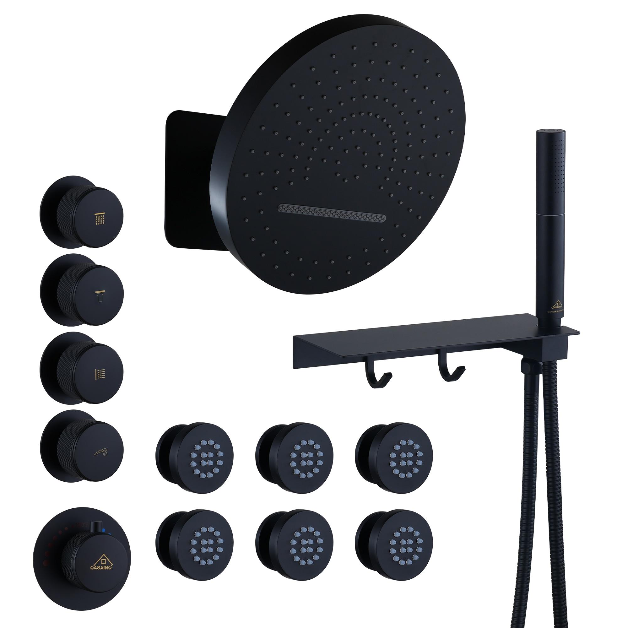 CASAINC KCHS0005-12MB Rainfall Thermostatic Shower System with Body Jets, 2-Sprays Shower Head and a Shelf