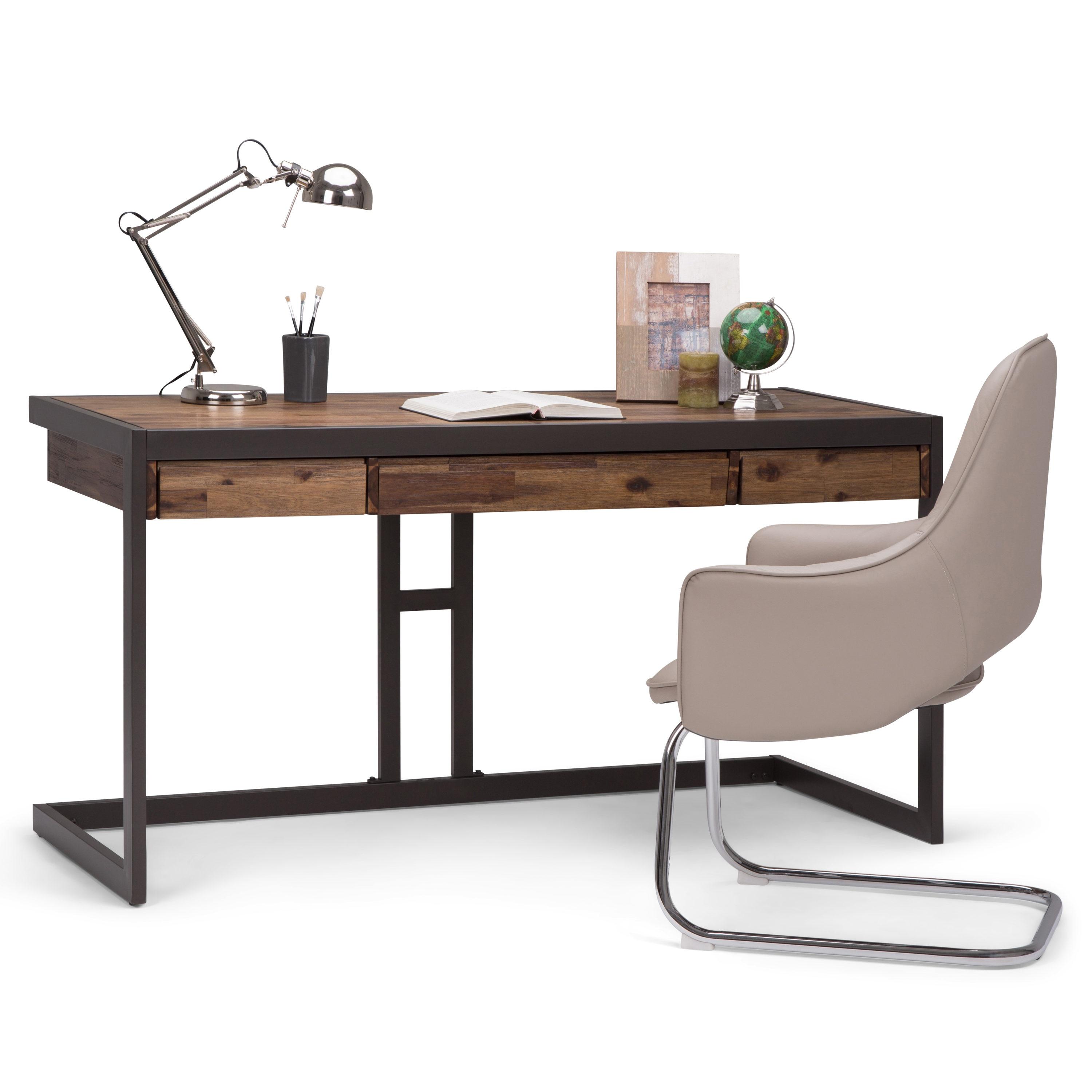 Simpli Home Richmond 60"W Solid Acacia Wood Desk, Industrial Style with Keyboard Tray and 3 Drawers