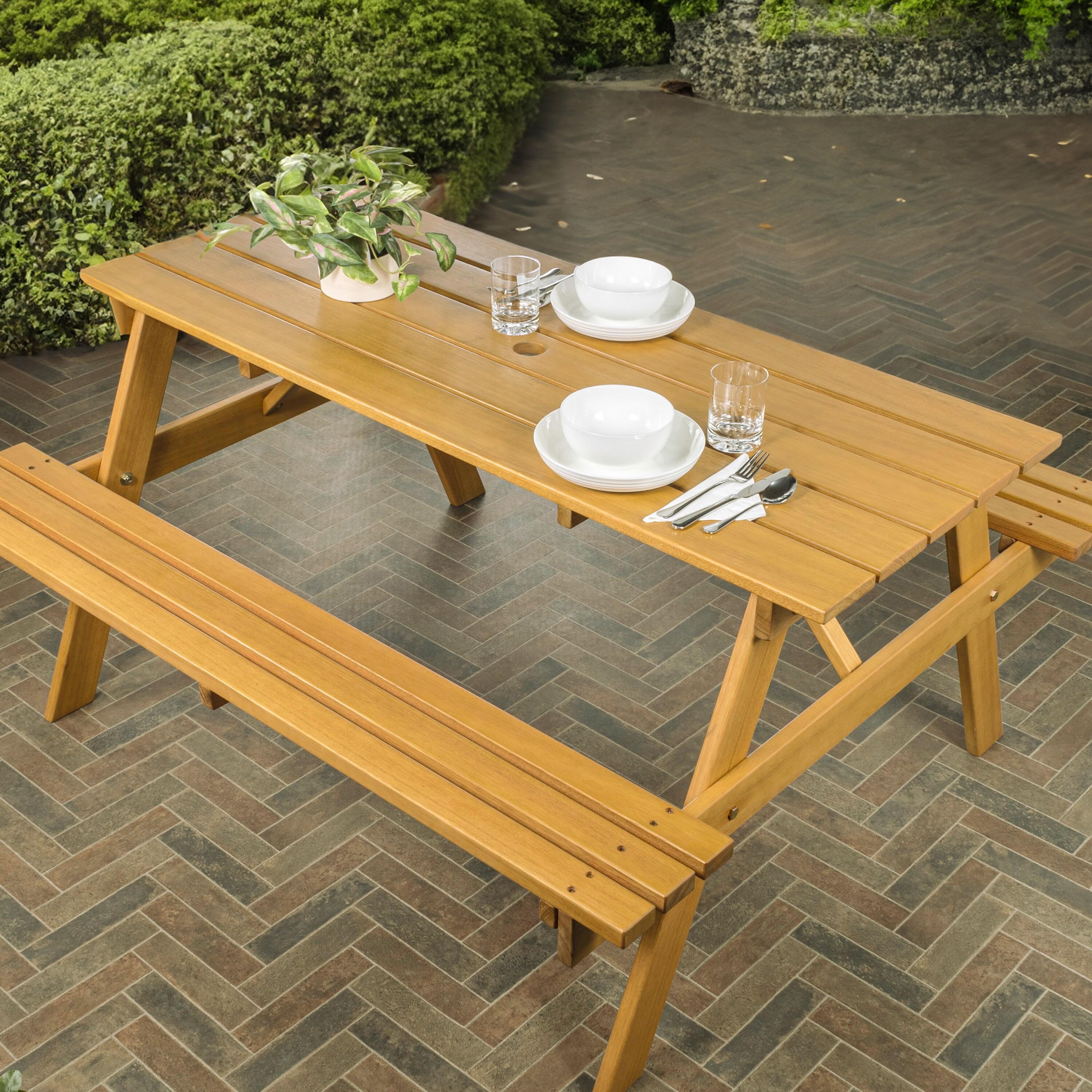 Shoreham 59" Modern Classic Outdoor Wood Picnic Table Benches with Umbrella Hole, Teak Brown - JONATHAN Y