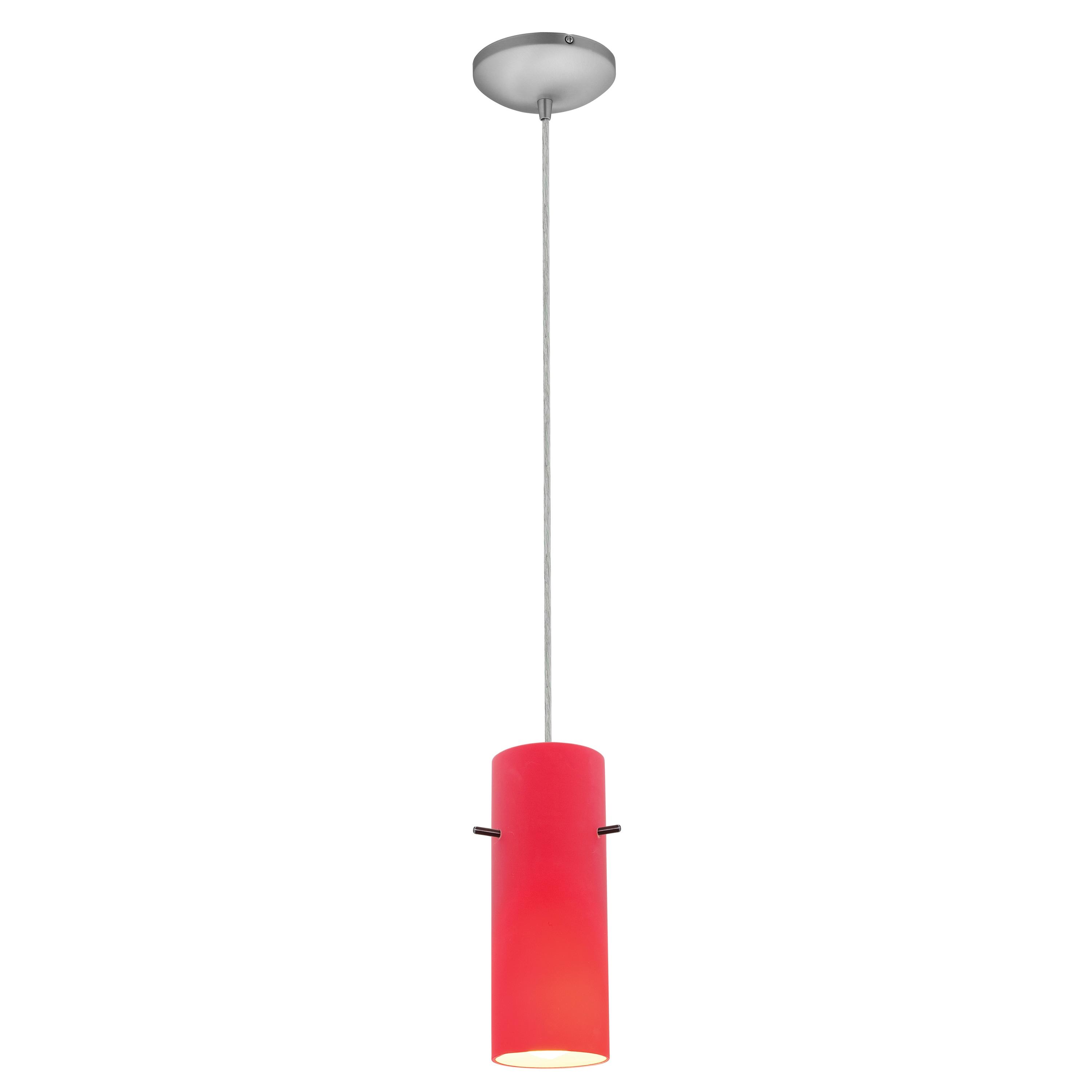 28030-1C-BS-RED 1 Light Cylinder Glass Pendant in Brushed Steel with Red Glass
