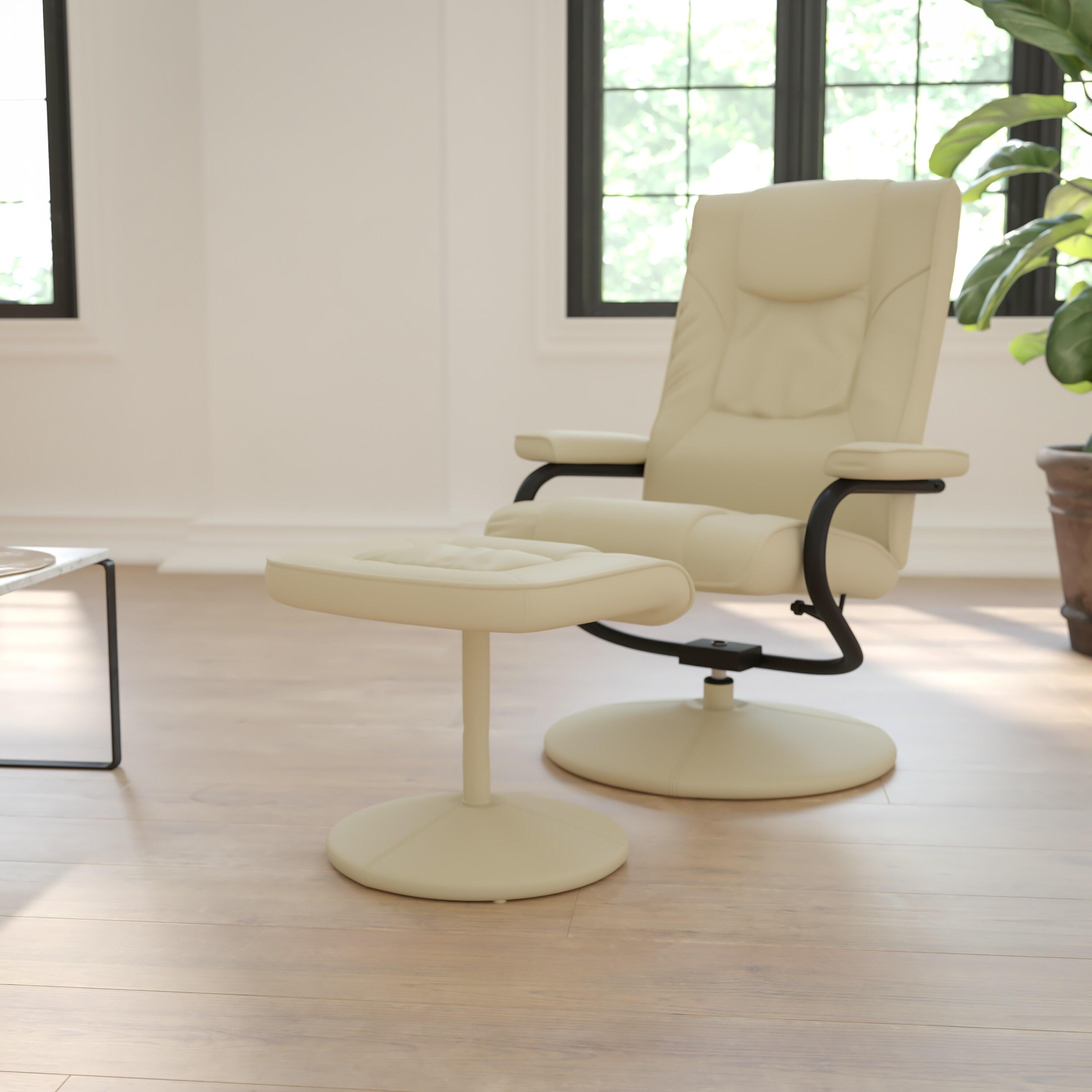 BizChair Contemporary Multi-Position Recliner and Ottoman with Wrapped Base in Cream LeatherSoft