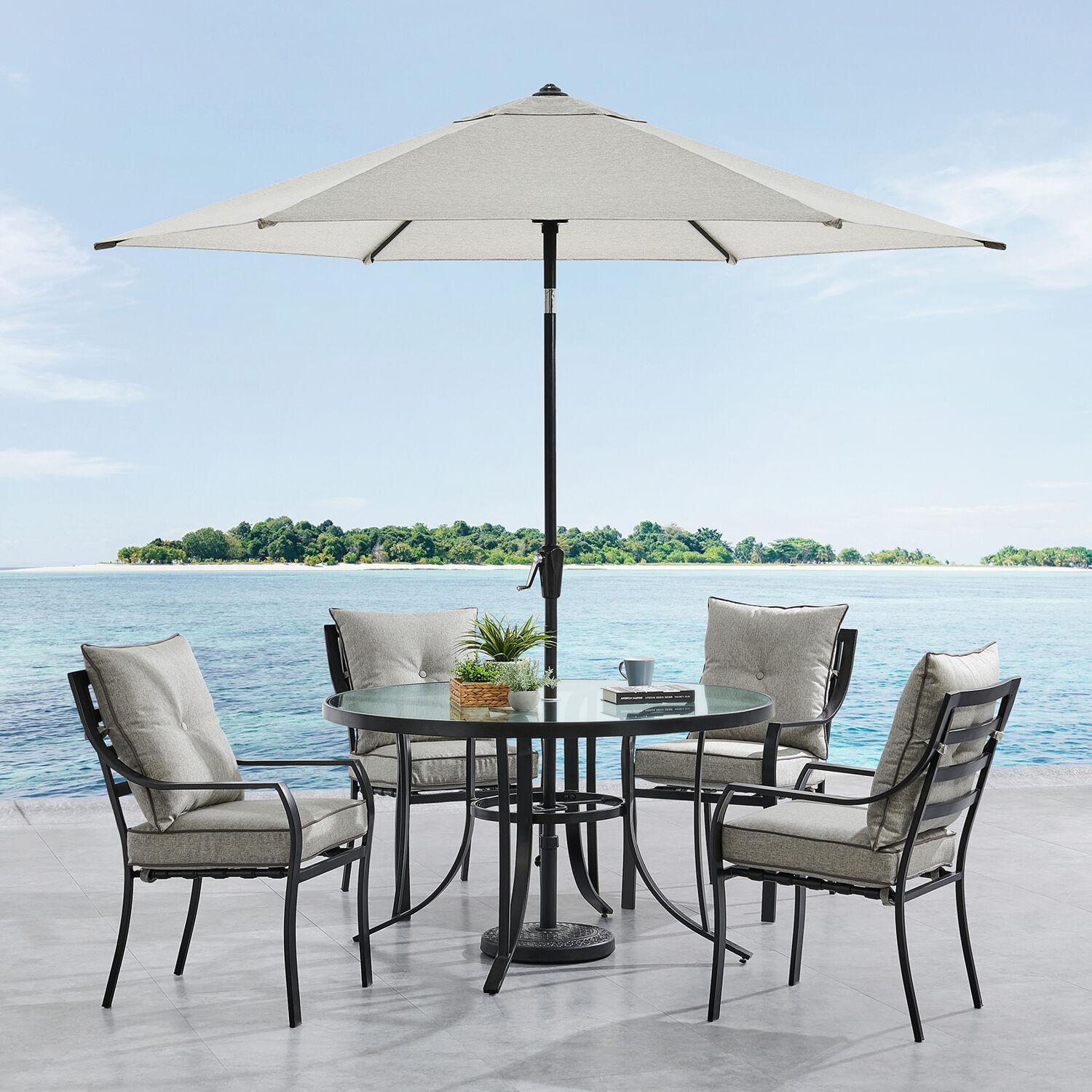 Hanover Lavallette 5-Piece Modern Outdoor Dining Set with Umbrella, Silver