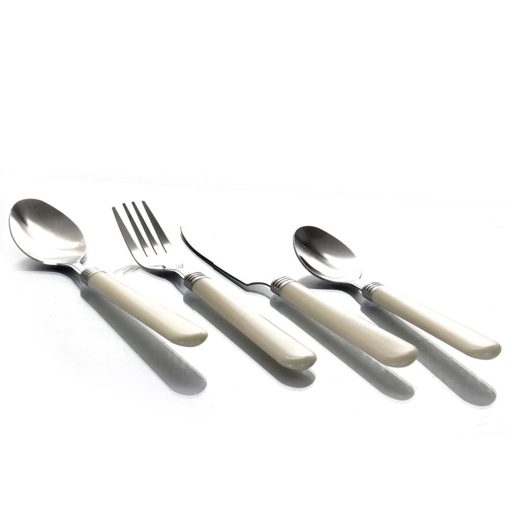 Gibson Sensations II 16 Piece Stainless Steel Flatware Set with White Handles and Chrome Caddy