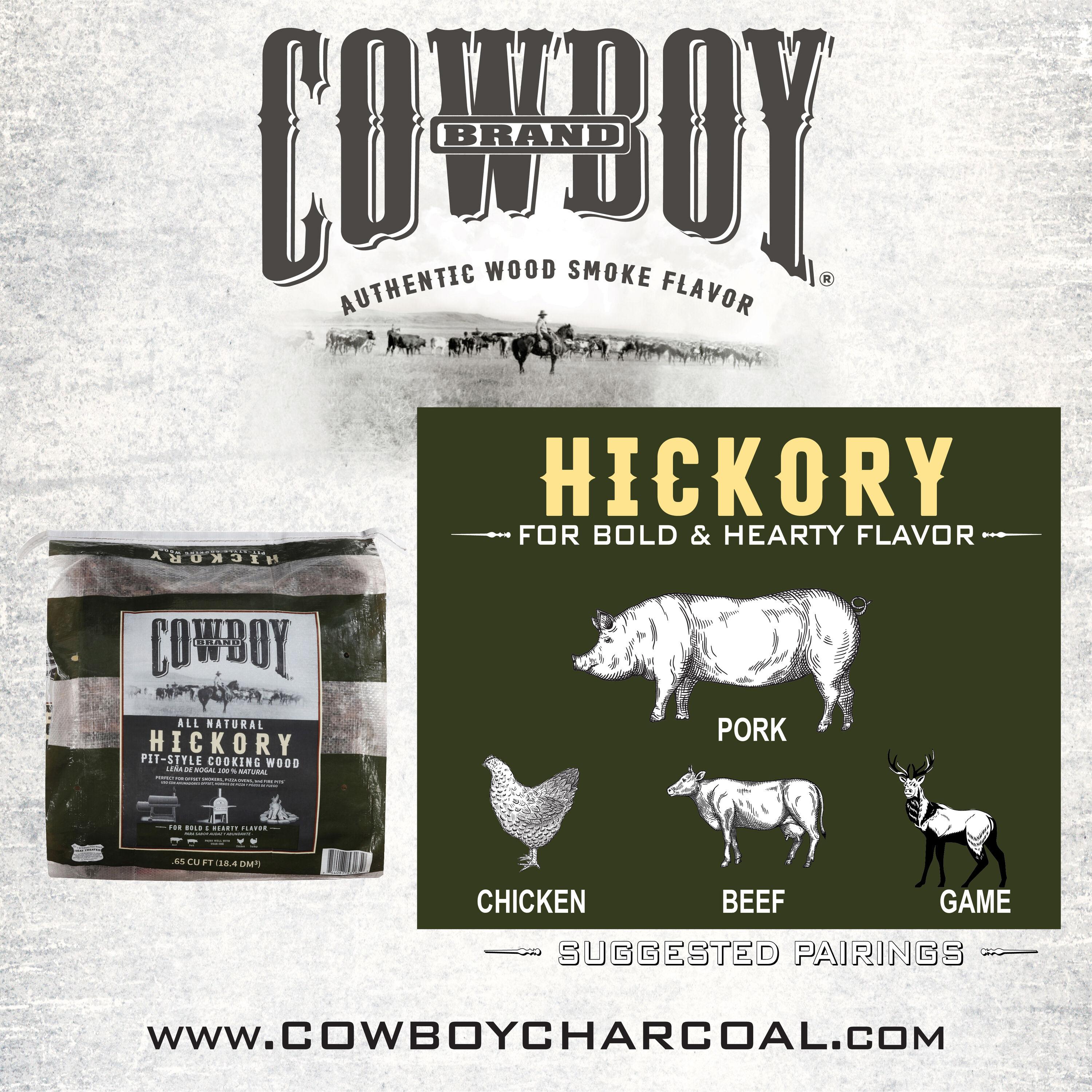 Cowboy .65 cu ft Hickory Cooking Wood: Kiln Dried, Long-Burning Fire Logs for Grills & Smokers