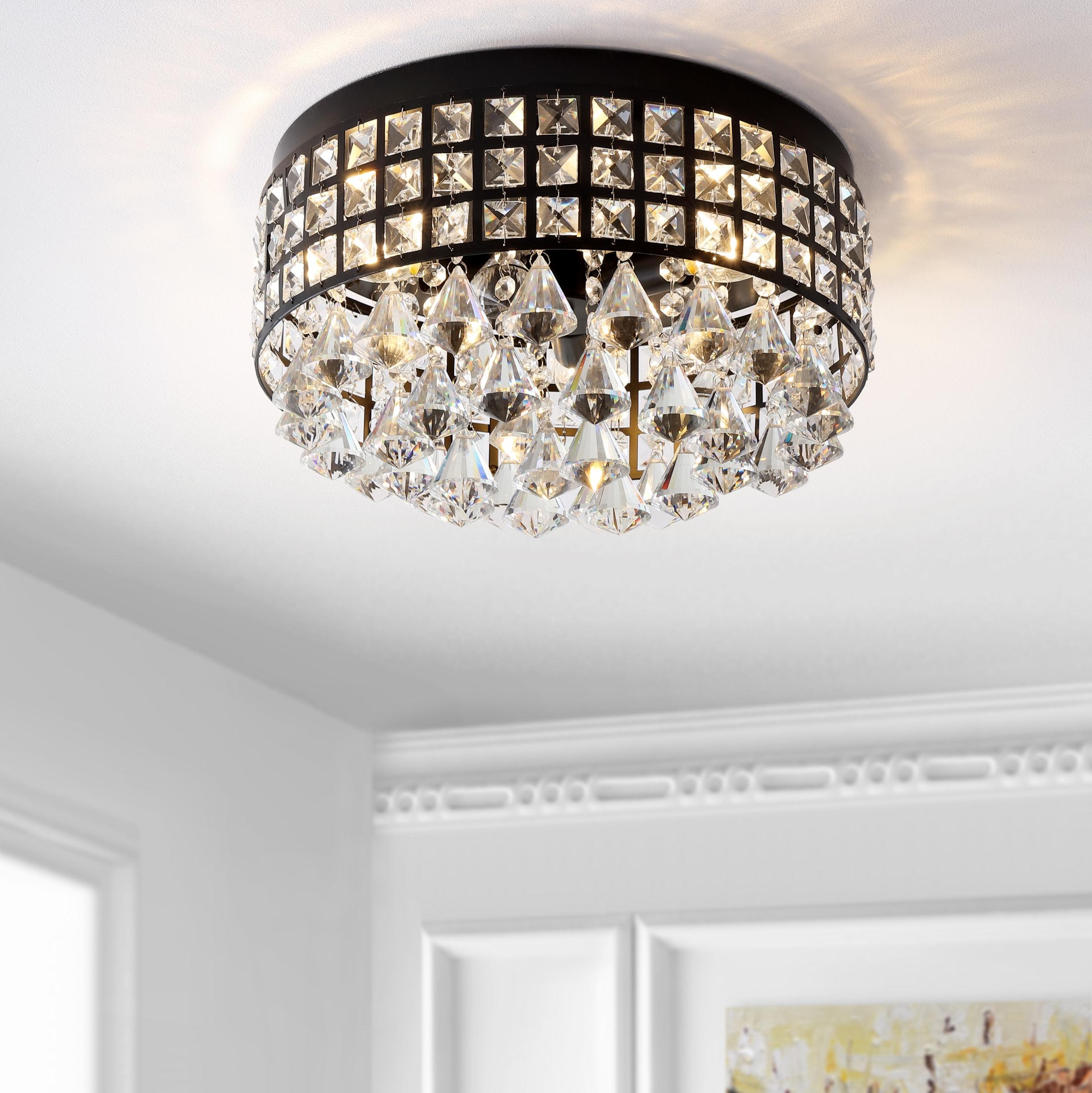 JONATHAN Y Meredith 14.5" 3-Light Crystal Drops/Metal LED Flush Mount, Black