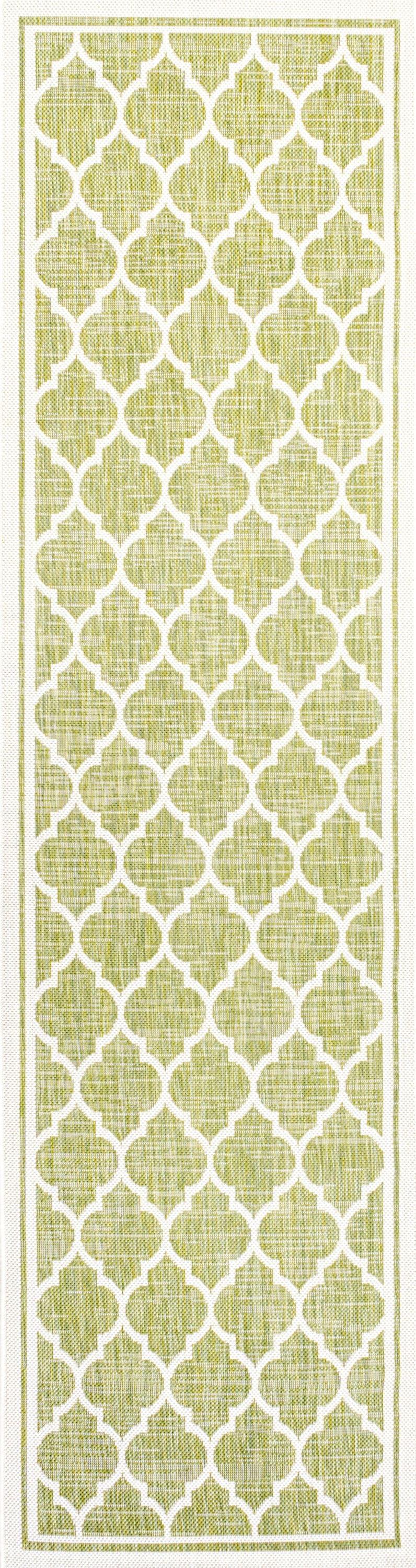 2' x 8' Trebol Moroccan Trellis Textured Weave Indoor/Outdoor Runner Rug, Green/Cream - JONATHAN Y