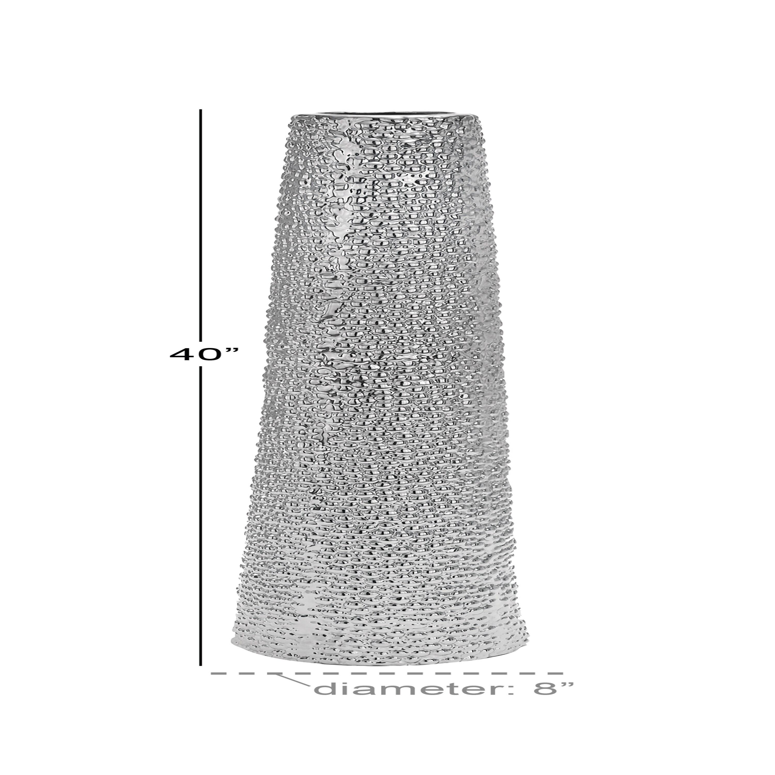 DecMode Glam Silver Round Large and Tall Cylindrical Floor Vase, Ceramic with Beaded Textured Pattern, 8'W x 50'H