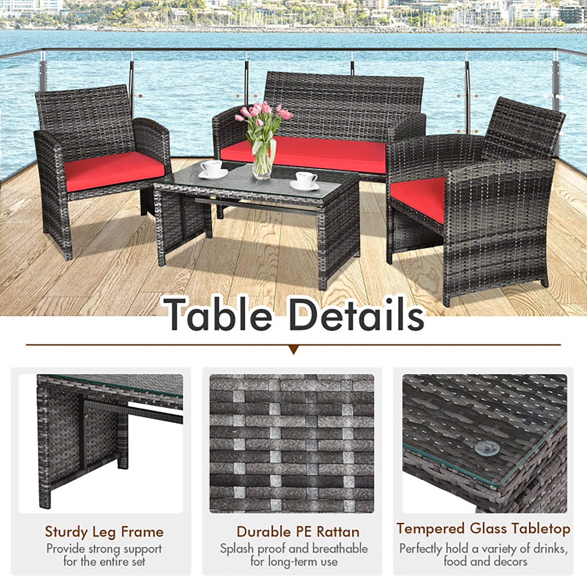 Aimee Lii 4 Pieces Wicker Patio Furniture Set with Cushions, Wicker Outdoor Sectional, Red