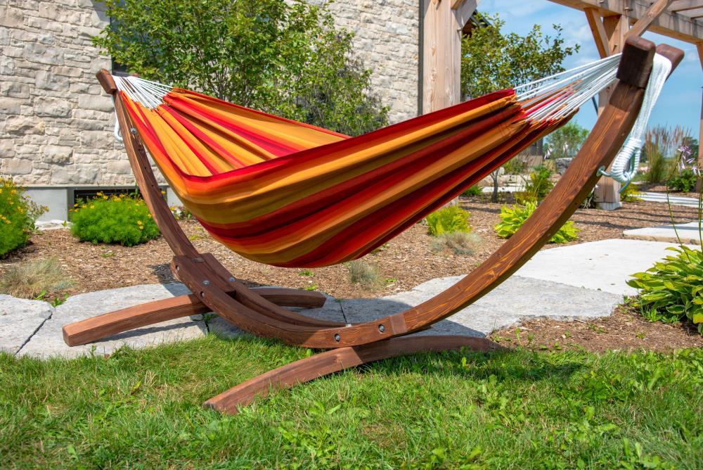 The Hamptons Collection 102” Orange Striped Sunbrella Brazilian Style Hammock with Stand