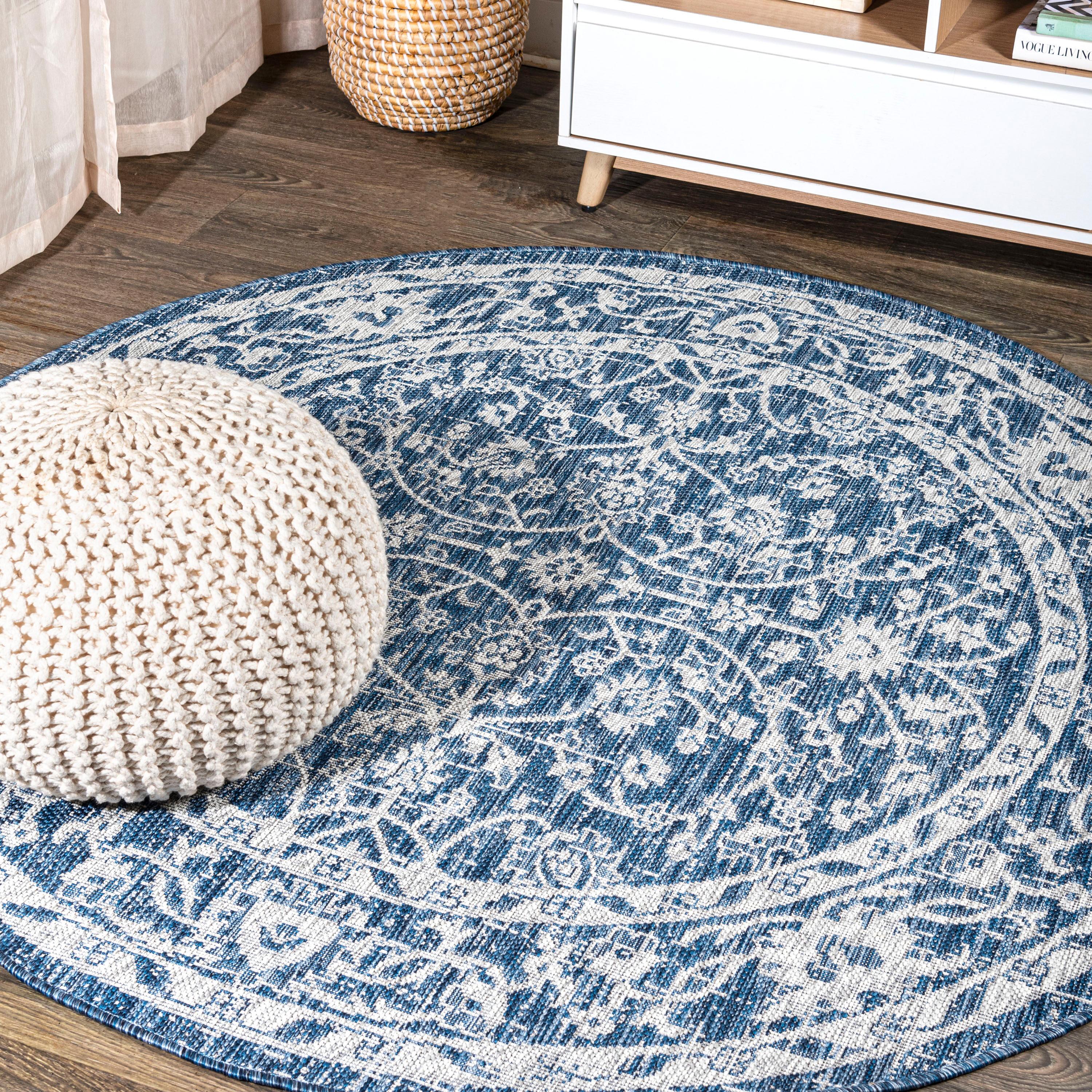 5' Round Palazzo Vine and Border Textured Weave Indoor/Outdoor Area Rug, Navy/Gray - JONATHAN Y