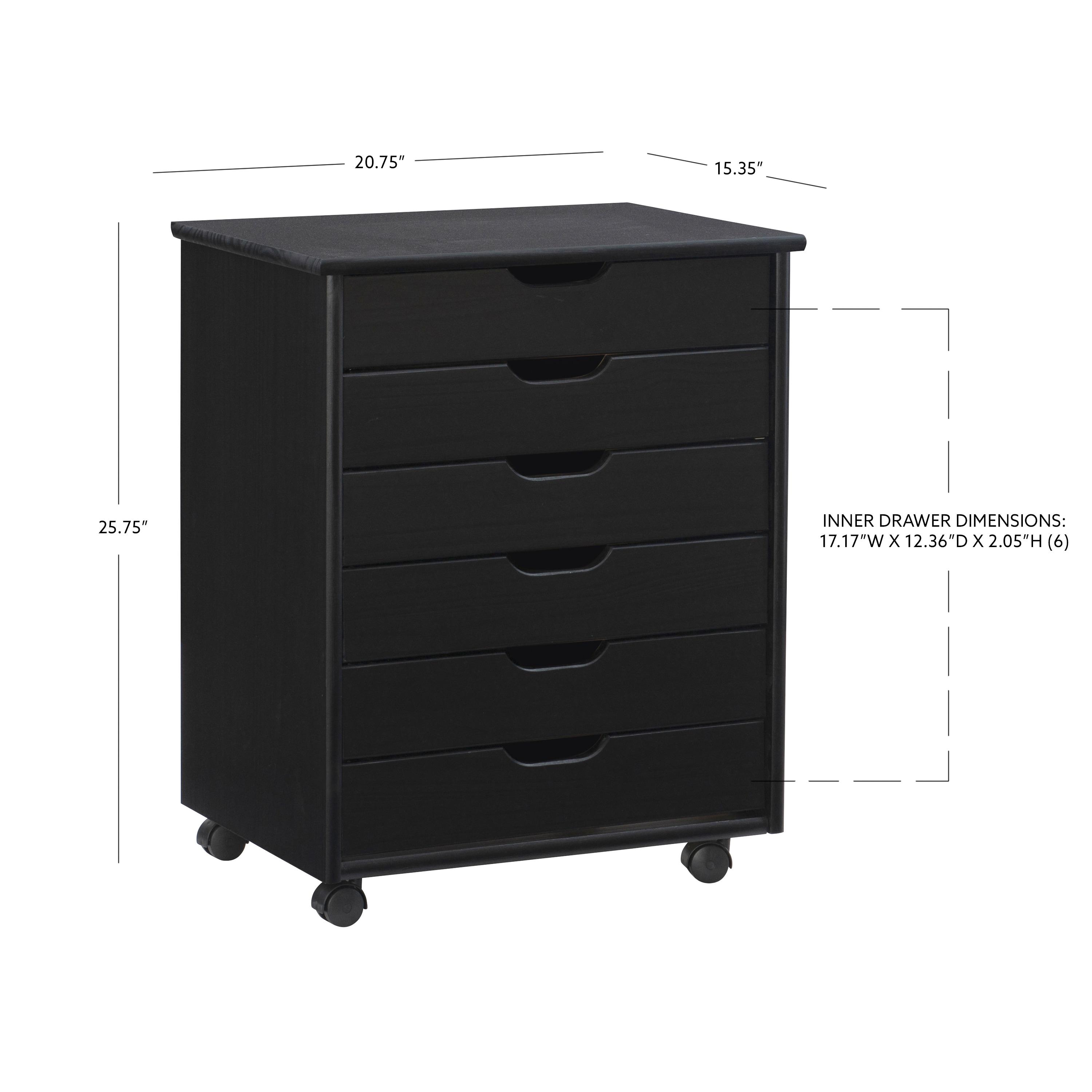 Cary Transitional 6 Drawer Solid Wood Contoured Handle Cut Out Wide Roll Cart Black - Linon: Pine Frame, Farmhouse Style, Portable Storage