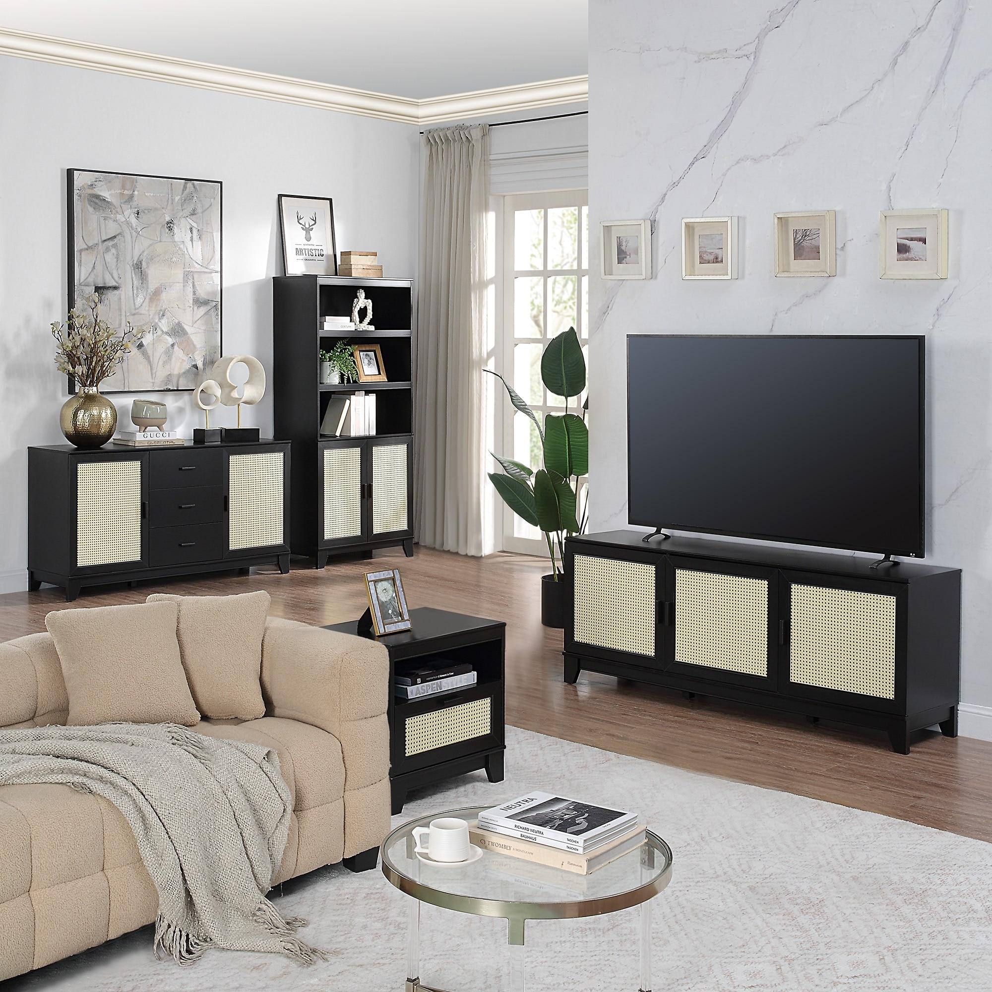 Sheridan Modern 6 Shelf Cane TV Stand for TVs up to 55" Black - Manhattan Comfort
