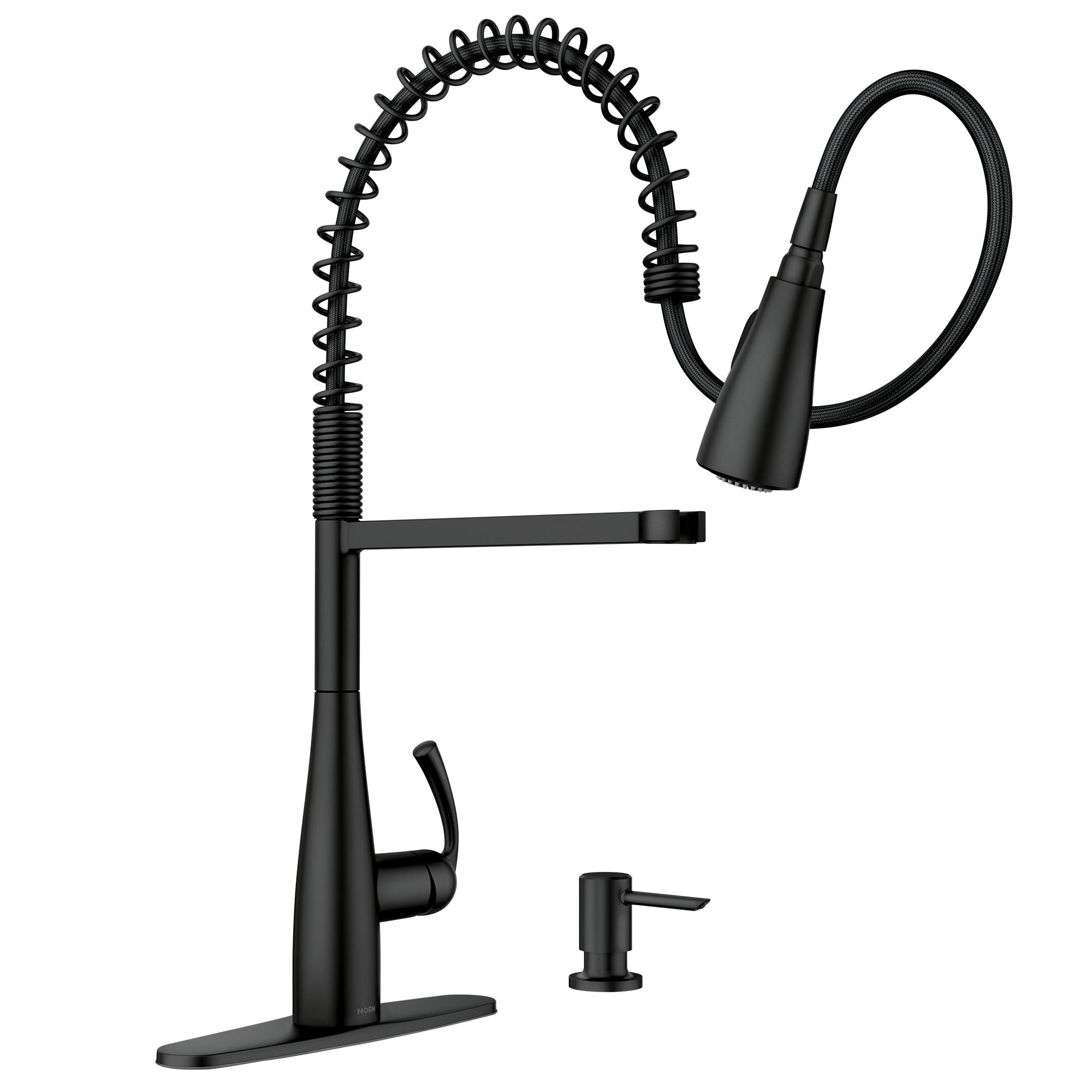 Moen Essie Pre-Rinse Spring Pull Down Single Handle Kitchen Faucet with Power Clean Technology and Soap Dispenser