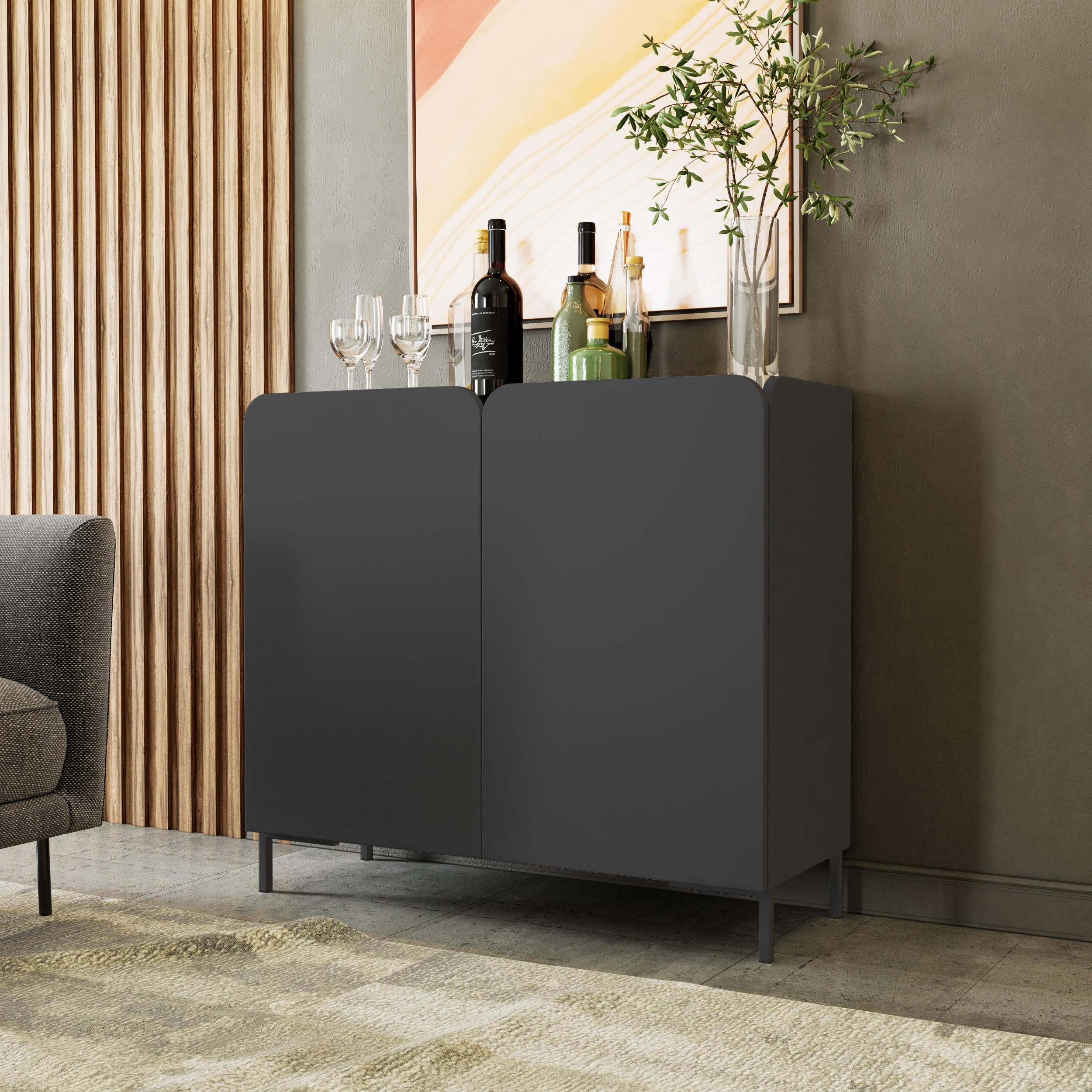 Manhattan Comfort Bogardus Mid - Century Modern 4 Shelf Accent Cabinet Black: Painted Particle Board, Fixed Shelves, Anti-Tip Hardware