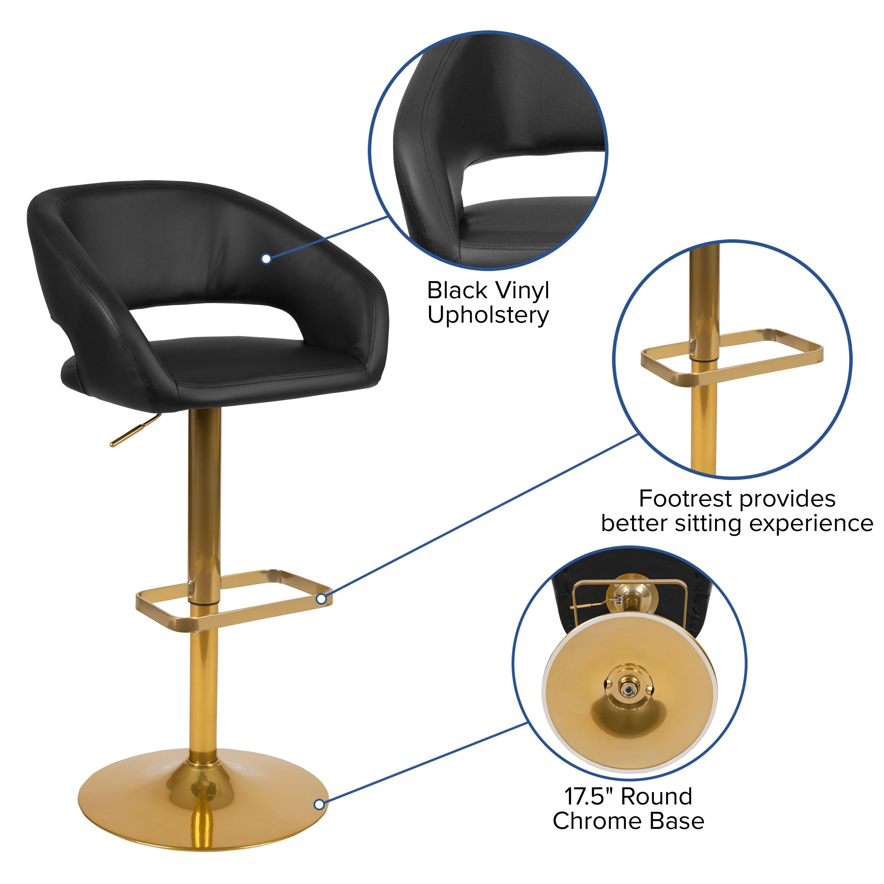 Flash Furniture Contemporary Black Vinyl Adjustable Height Barstool with Rounded Mid-Back and Gold Base