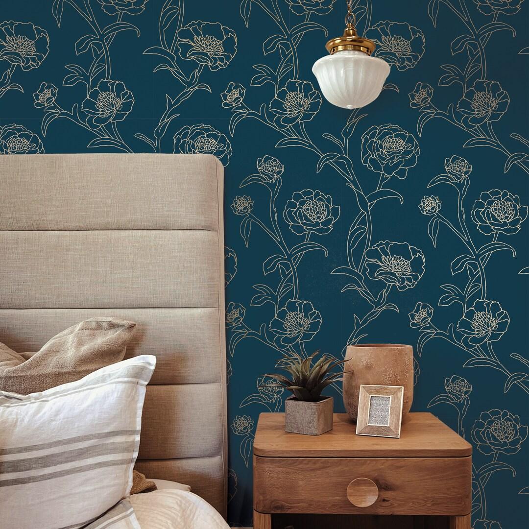 Tempaper & Co.® Peonies Removable Peel and Stick Wallpaper, Peacock Blue and Metallic Gold Floral, 28 sq. ft.: Vinyl Self-Adhesive