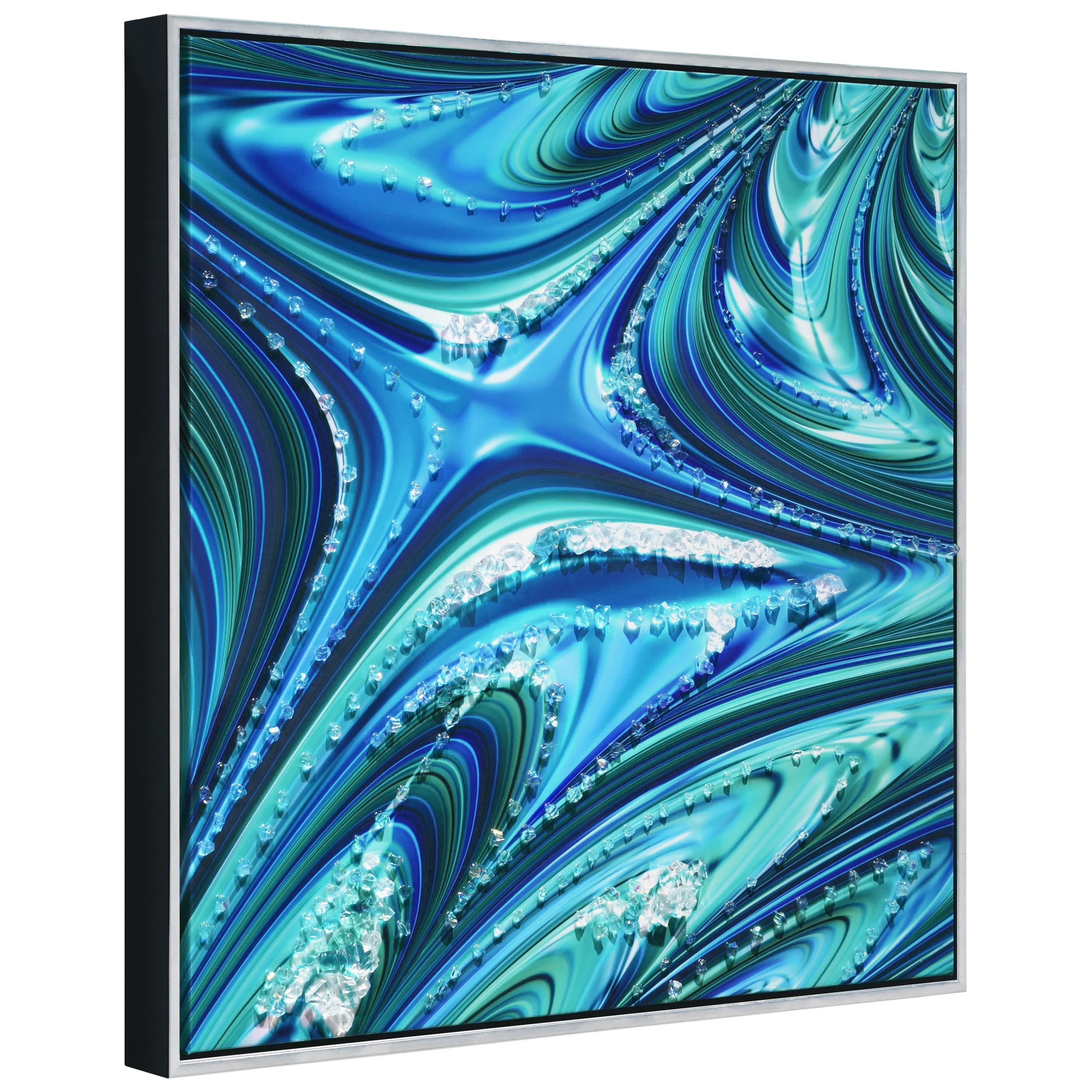 "Ocean Waves II" Crystallus Epoxy Coated Wrapped Framed Glossy Blue Canvas Wall Art with Heavy Acrylic Crystal Shards Embellishments