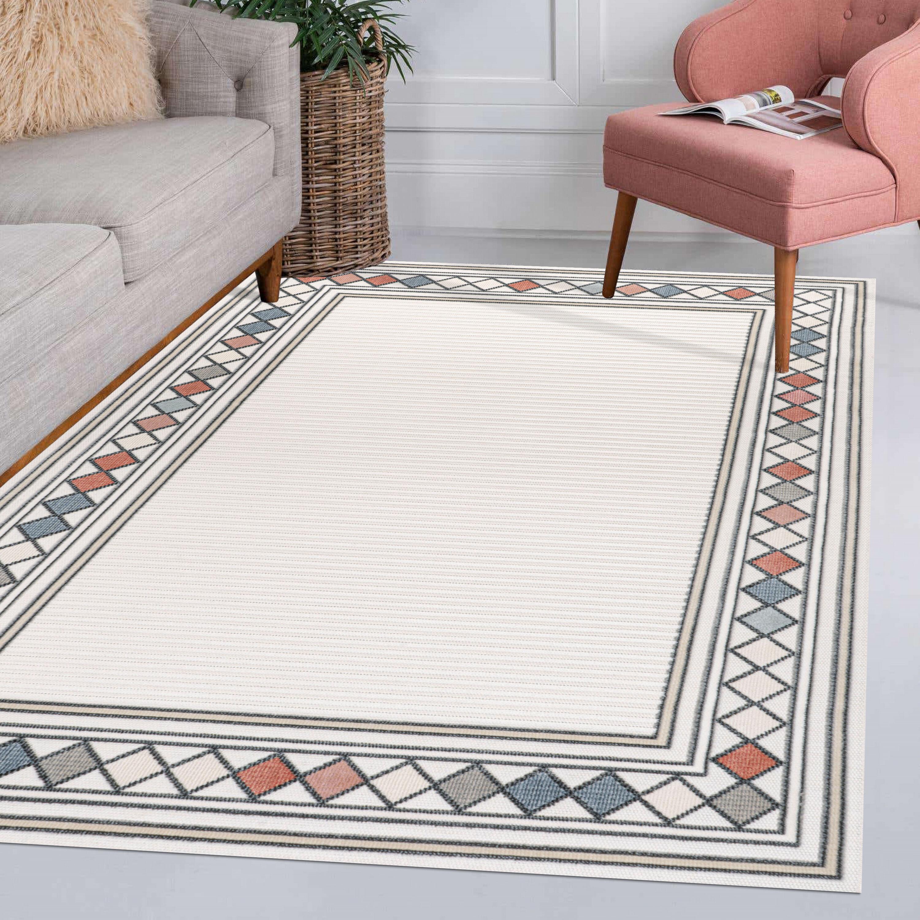 JONATHAN Y Sebastian High-Low Modern Diamond Border Ivory/Beige 5 ft. x 8 ft. Indoor/Outdoor Area Rug