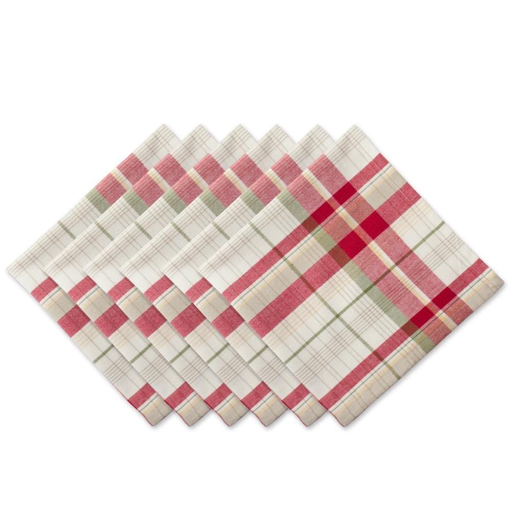 Red and Taupe Plaid Cotton Napkin Set, 20x20, 6 Piece