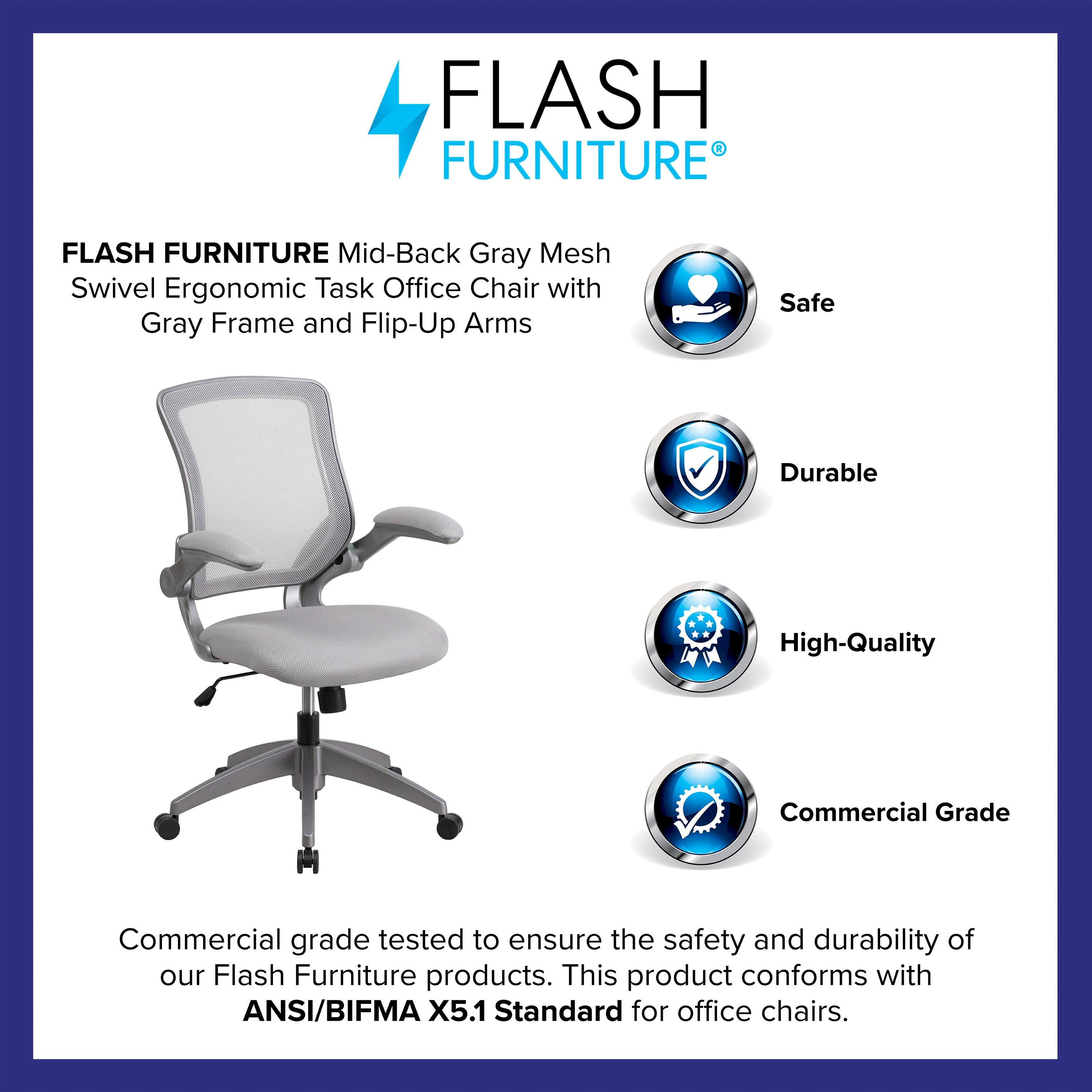 Flash Furniture Mid-Back Gray Mesh Swivel Ergonomic Task Office Chair with Gray Frame and Flip-Up Arms
