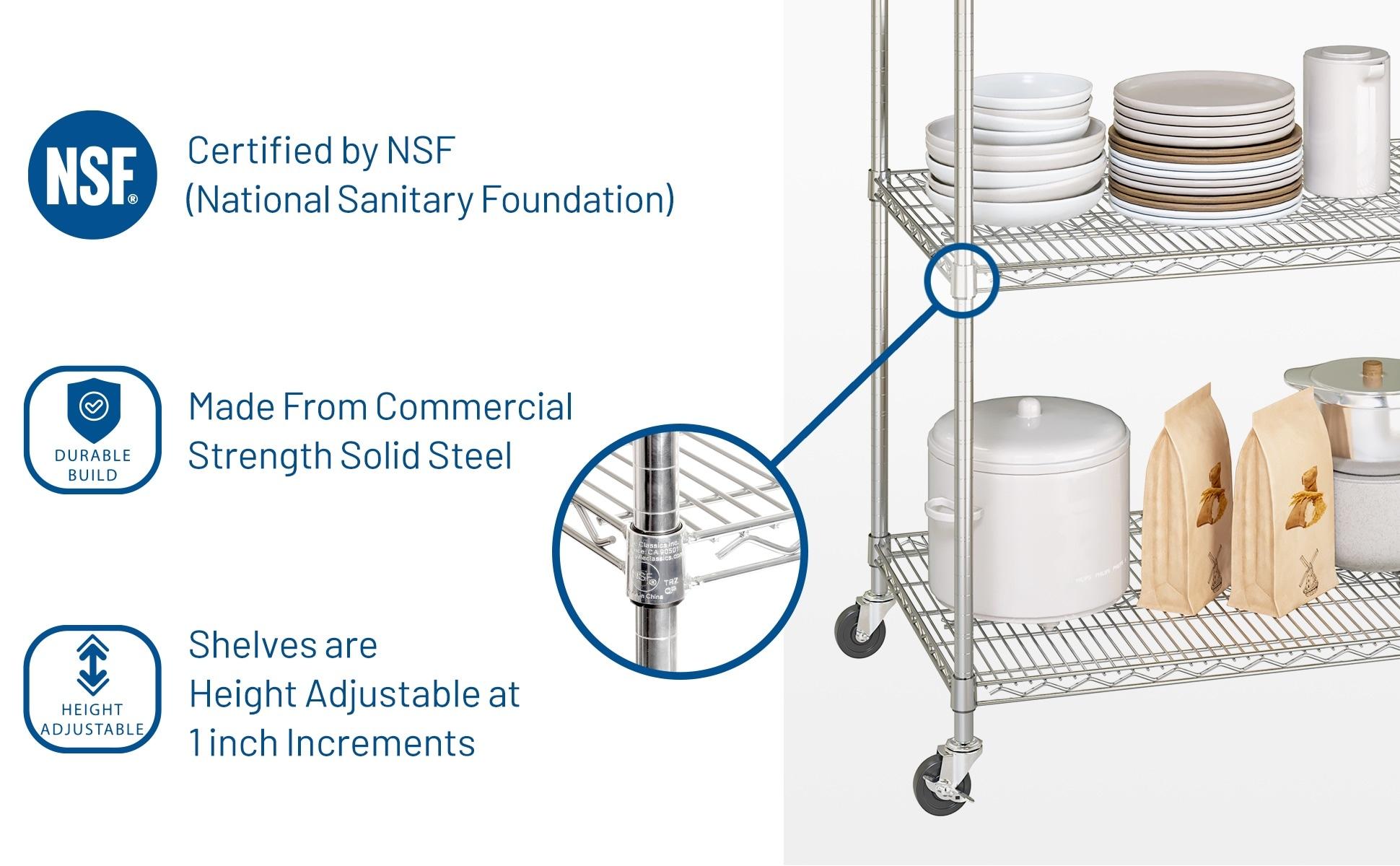 36'' W 5-Tier NSF-Certified Steel Shelving with Wheels