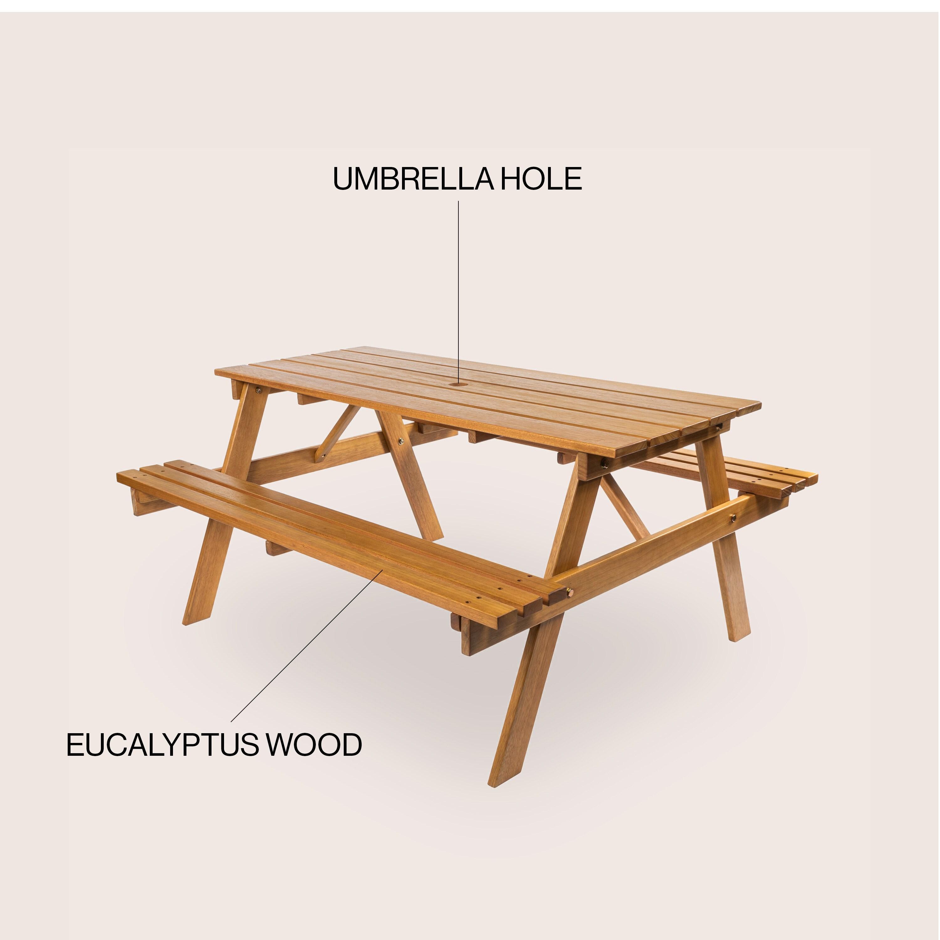 Shoreham 59" Modern Classic Outdoor Wood Picnic Table Benches with Umbrella Hole, Teak Brown - JONATHAN Y