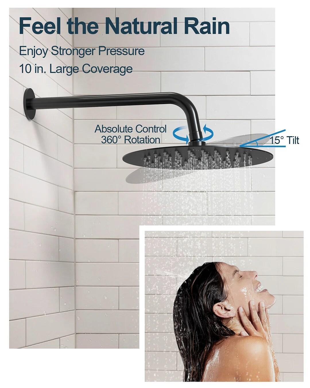 GRANDJOY Complete Shower System, 10" and 6" Dual Wall Mount Rain Shower Faucets with Handheld Shower Spray, High Pressure in Matte Black