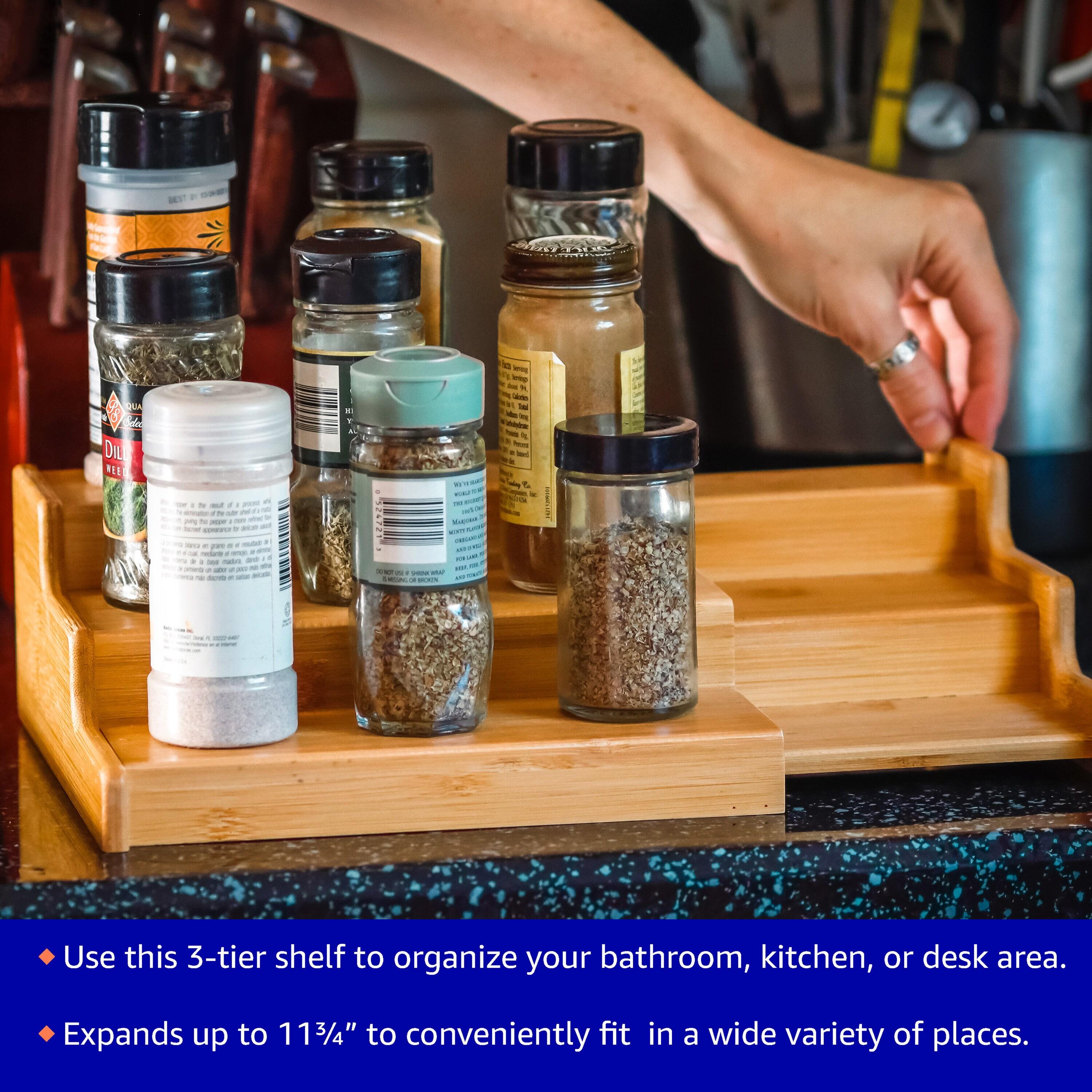Trademark Innovations Bamboo Expandable 3-Tier Spice Rack and Cabinet Organizer, Natural, Small