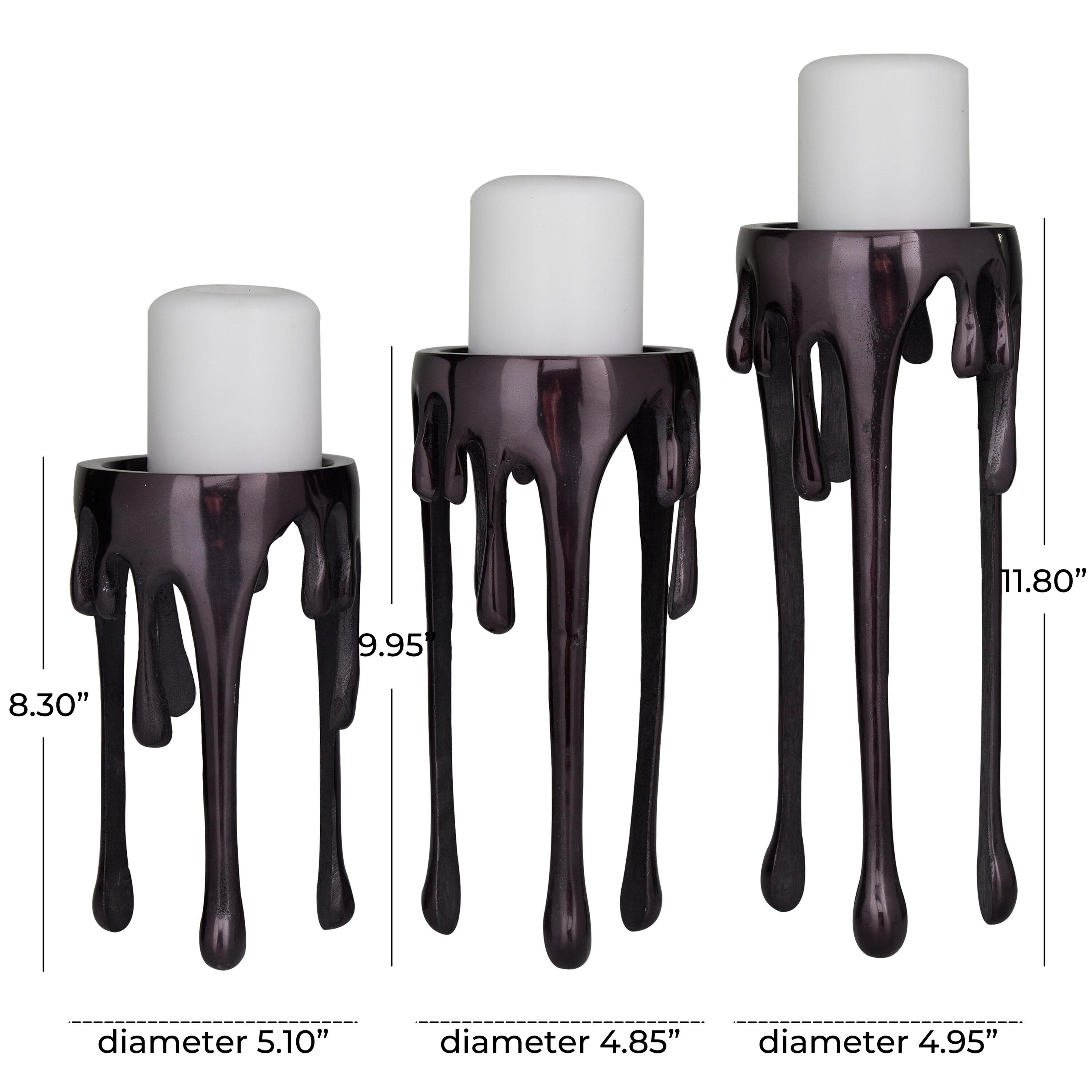 CosmoLiving by Cosmopolitan Contemporary Aluminum 3D Melting Candle Design Candle Holder, Set of 3 12" 10" 8" with Glossy Metallic Black Finish