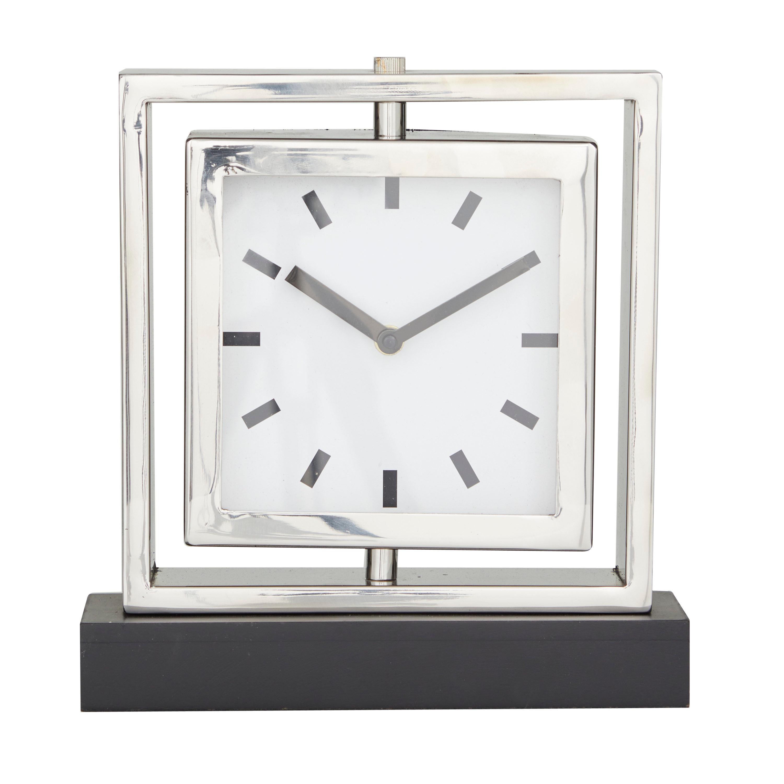 DecMode Stainless Steel Glam Square Table Clock 9"W x 10"H, with Silver Framed Structure, White Clock Face and Black Base