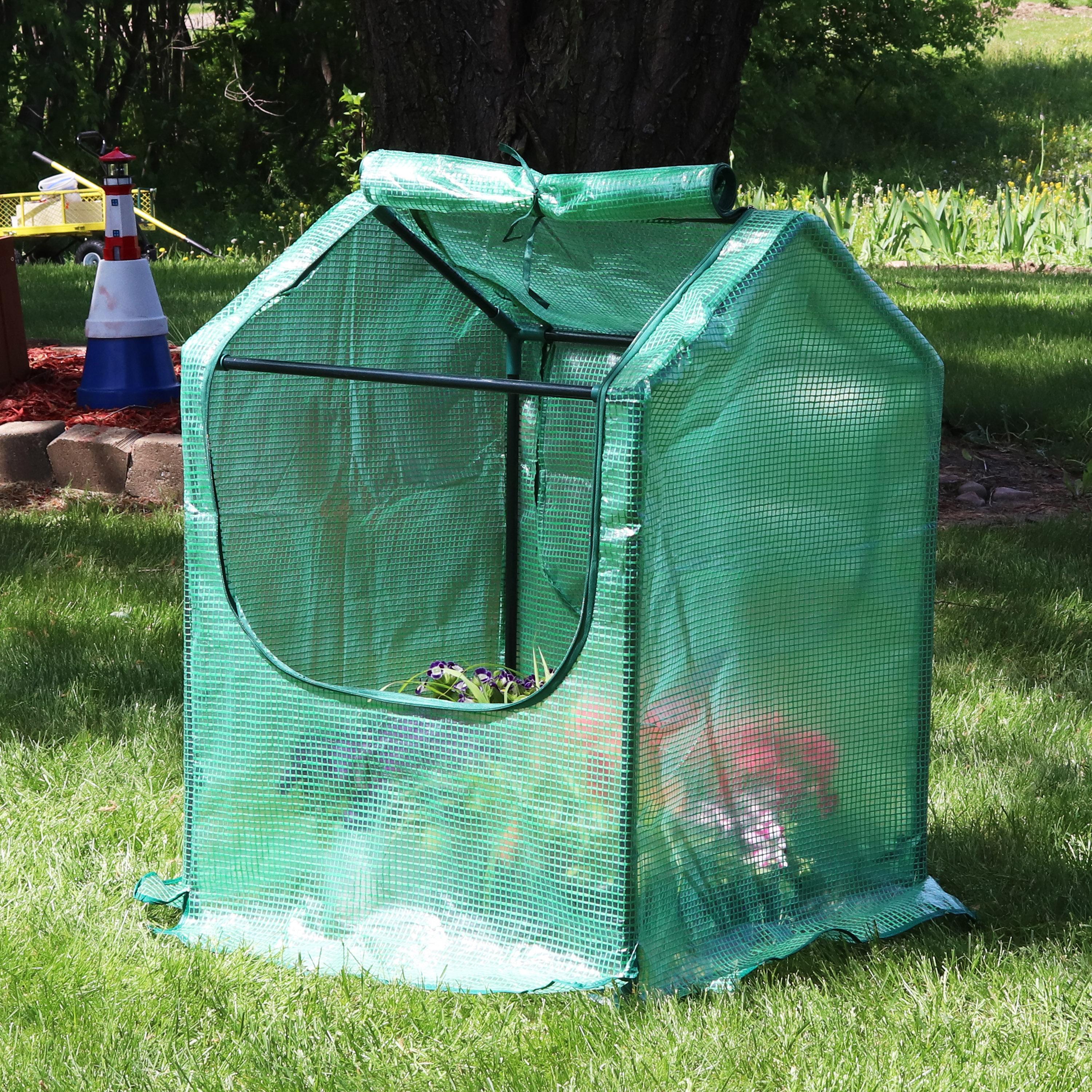 Sunnydaze Mini Greenhouse with 2 Zippered Side Doors - 2' x 2' - Green