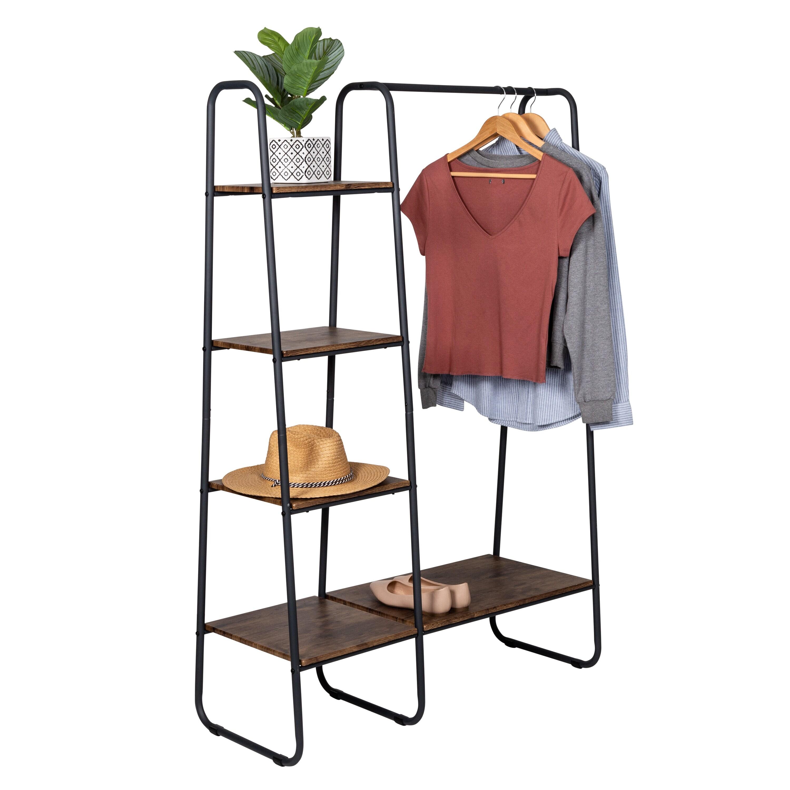 Honey-Can-Do Garment Rack with Shelves Black: Freestanding Closet Wardrobe, Powder-Coated Steel, 4 Fixed Shelves