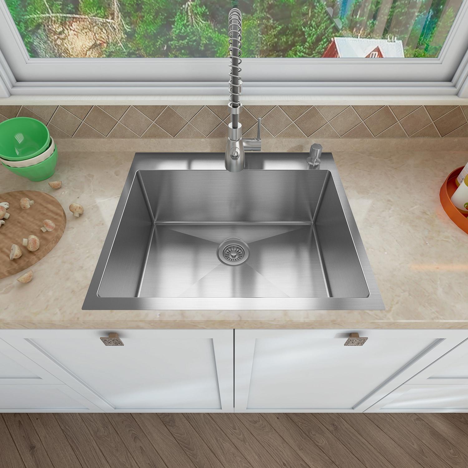 Sinber 25" x 22" Drop In Single Bowl Kitchen Sink with 18 Gauge 304 Stainless Steel Satin Finish