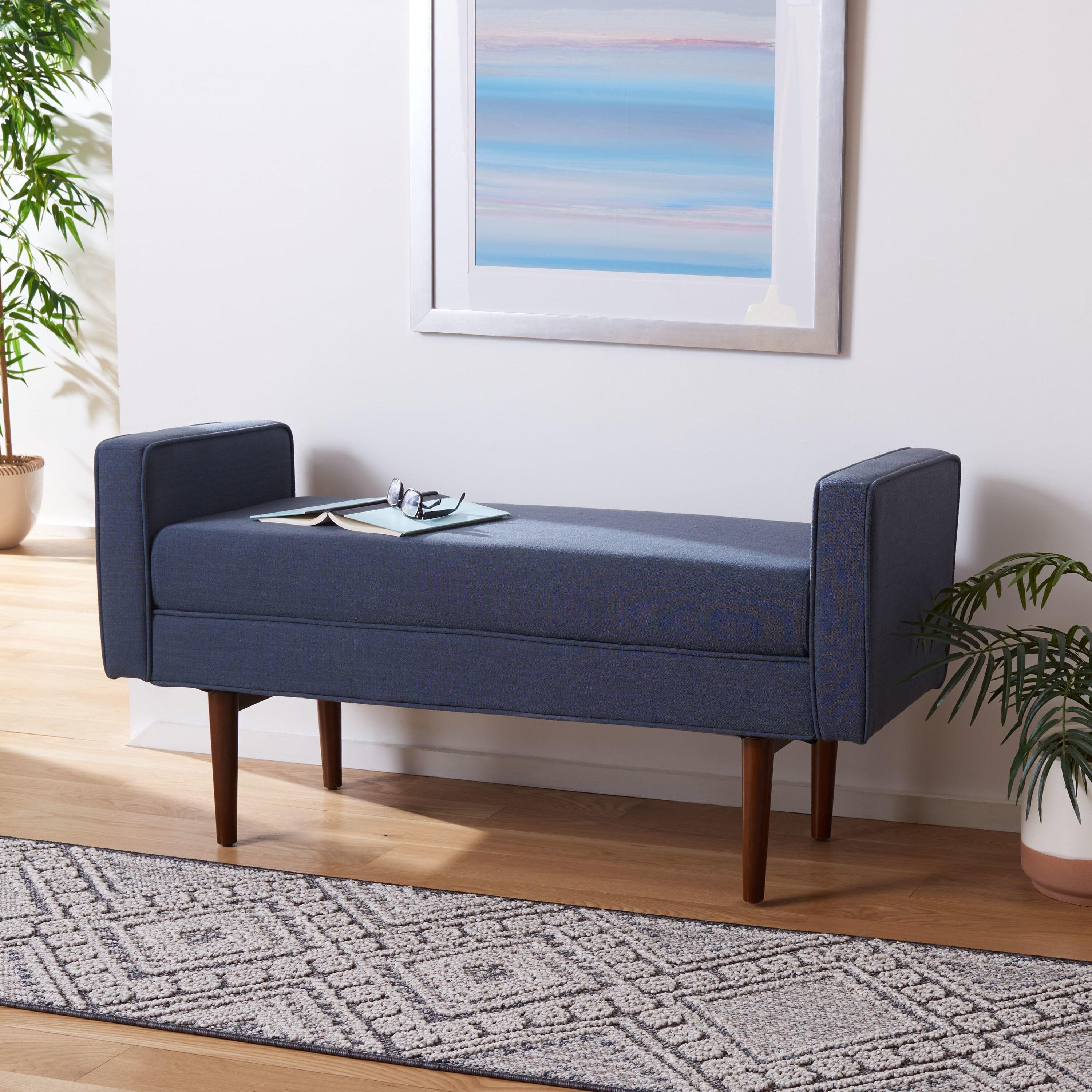 Henri Mid-Century Bench - Navy Linen/Walnut - Safavieh