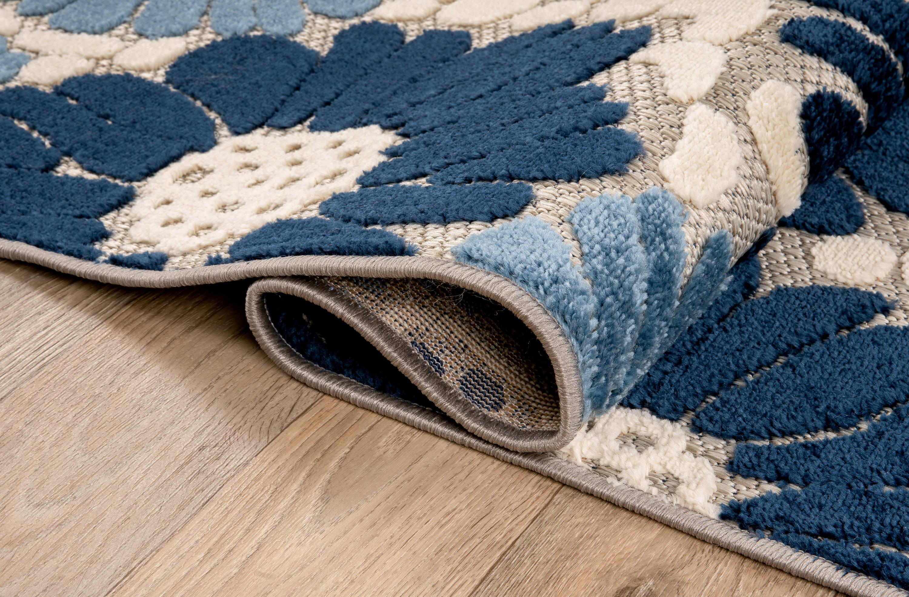 World Rug Gallery Palermo Modern Floral Indoor/Outdoor Area Rug - Navy 5' x 7':  Weather-Resistant,  Low Pile,  Botanical Pattern