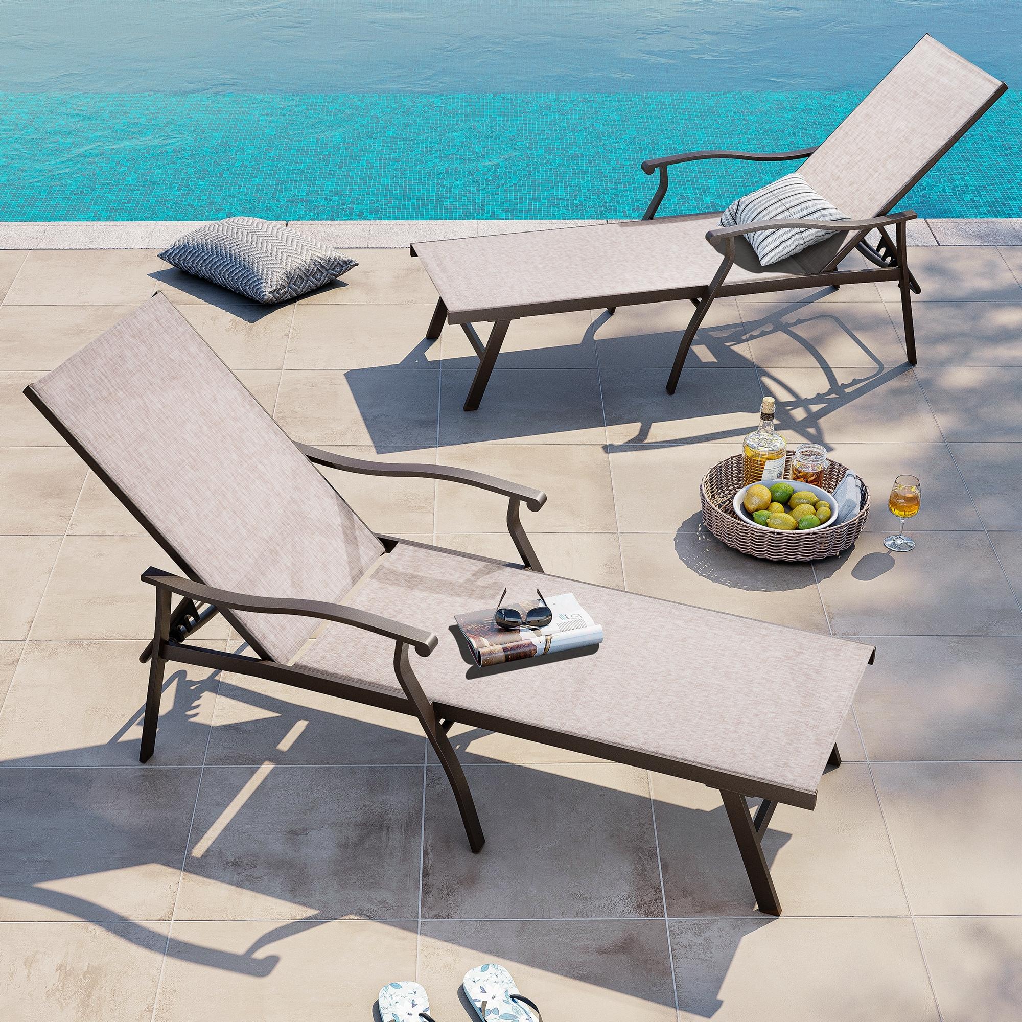 Beige Aluminum Outdoor Chaise Lounge with Armrests, Set of 2