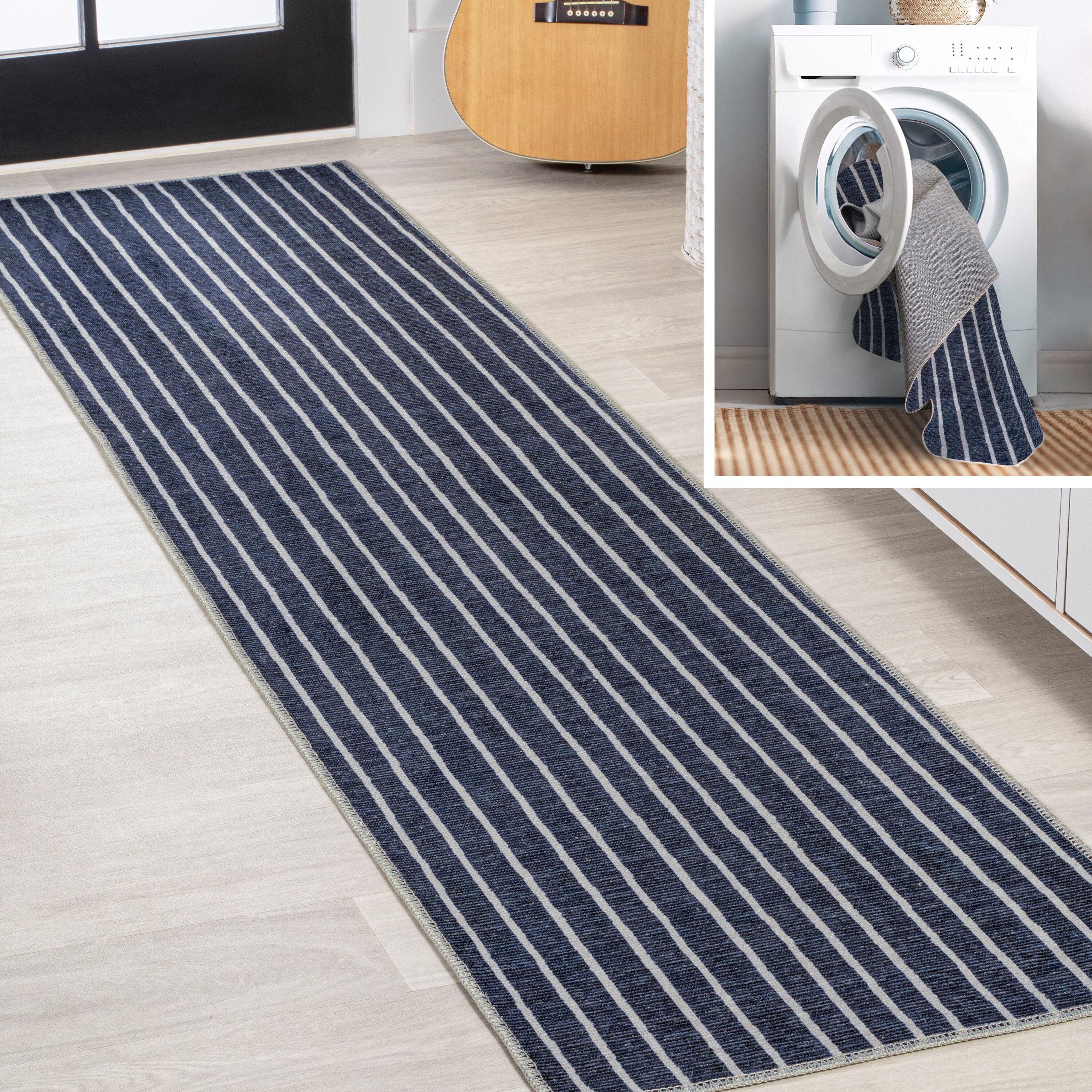2' x 8' Rand Distressed Ticking Stripe Machine-Washable Runner Rug, Navy/Ivory - JONATHAN Y
