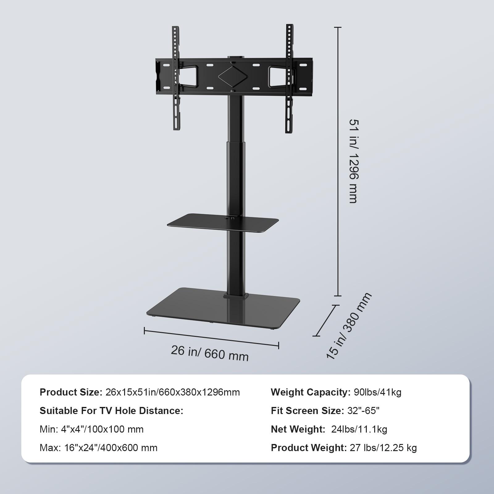 Black Adjustable TV Stand with Mount and Tempered Glass Base