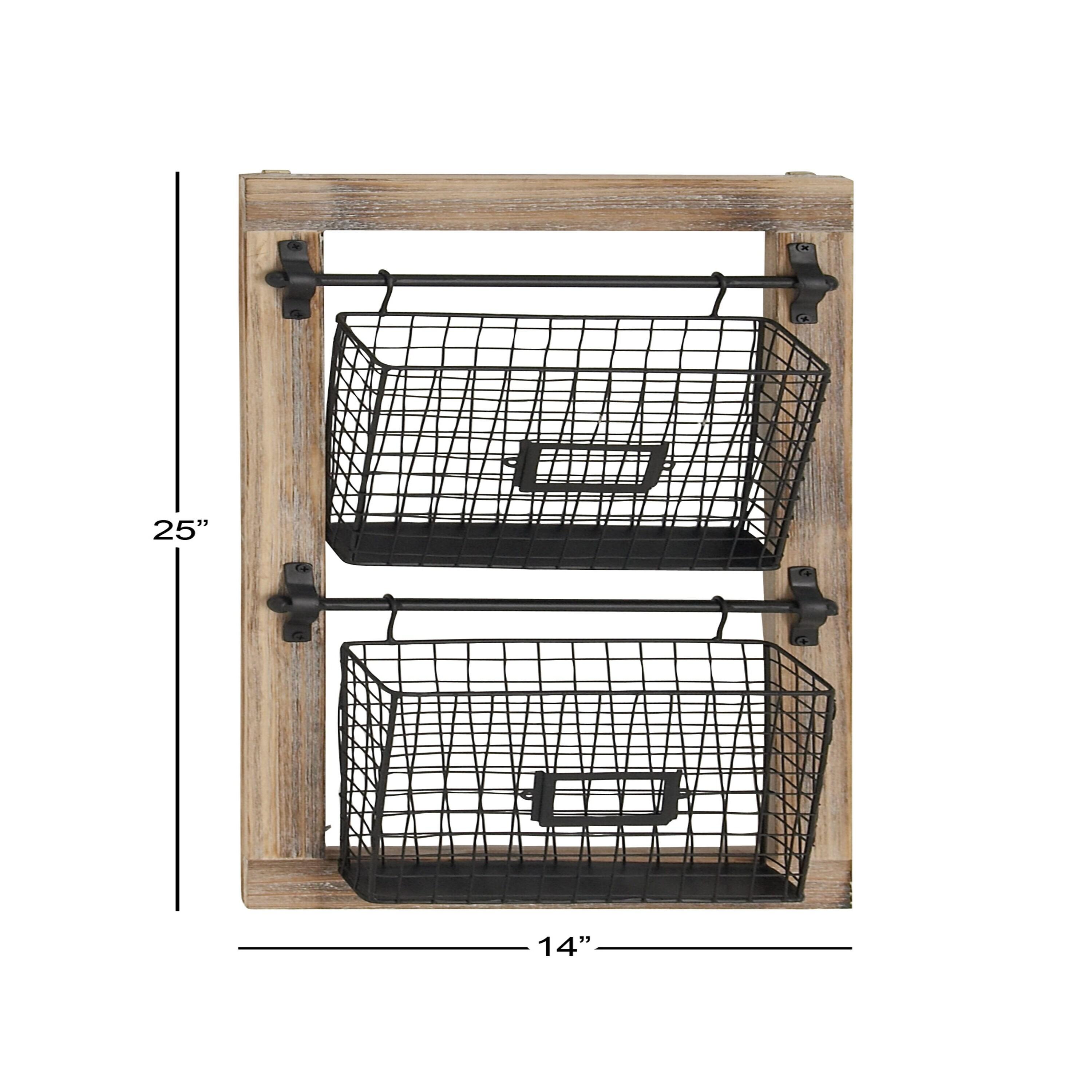 DecMode 25" Black Wood 2 Slots Magazine Rack Holder with Suspended Baskets and Label Slot